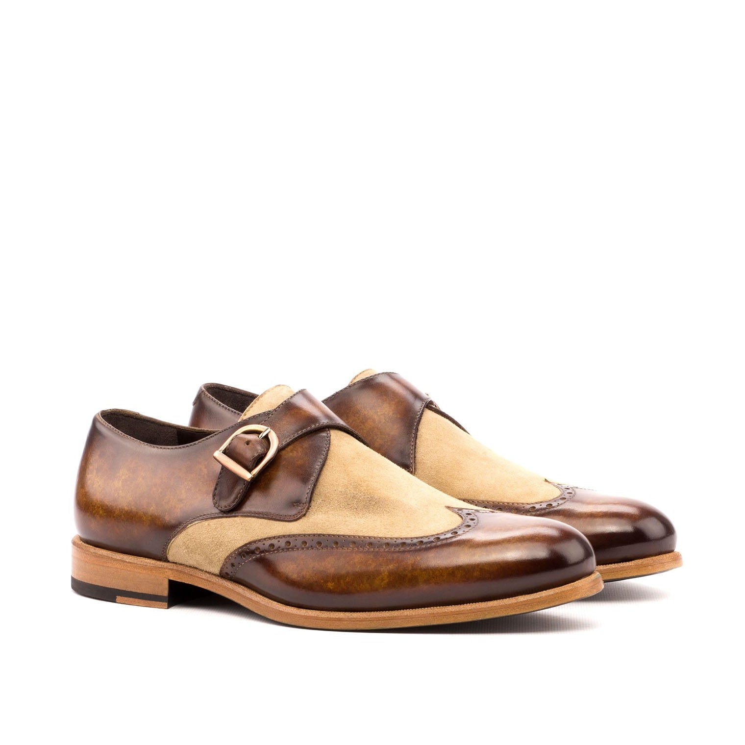 Ambrogio Men's Handmade Custom Made Shoes Camel & Cognac Suede / Patina Leather Monk-Strap Loafers (AMB1195)