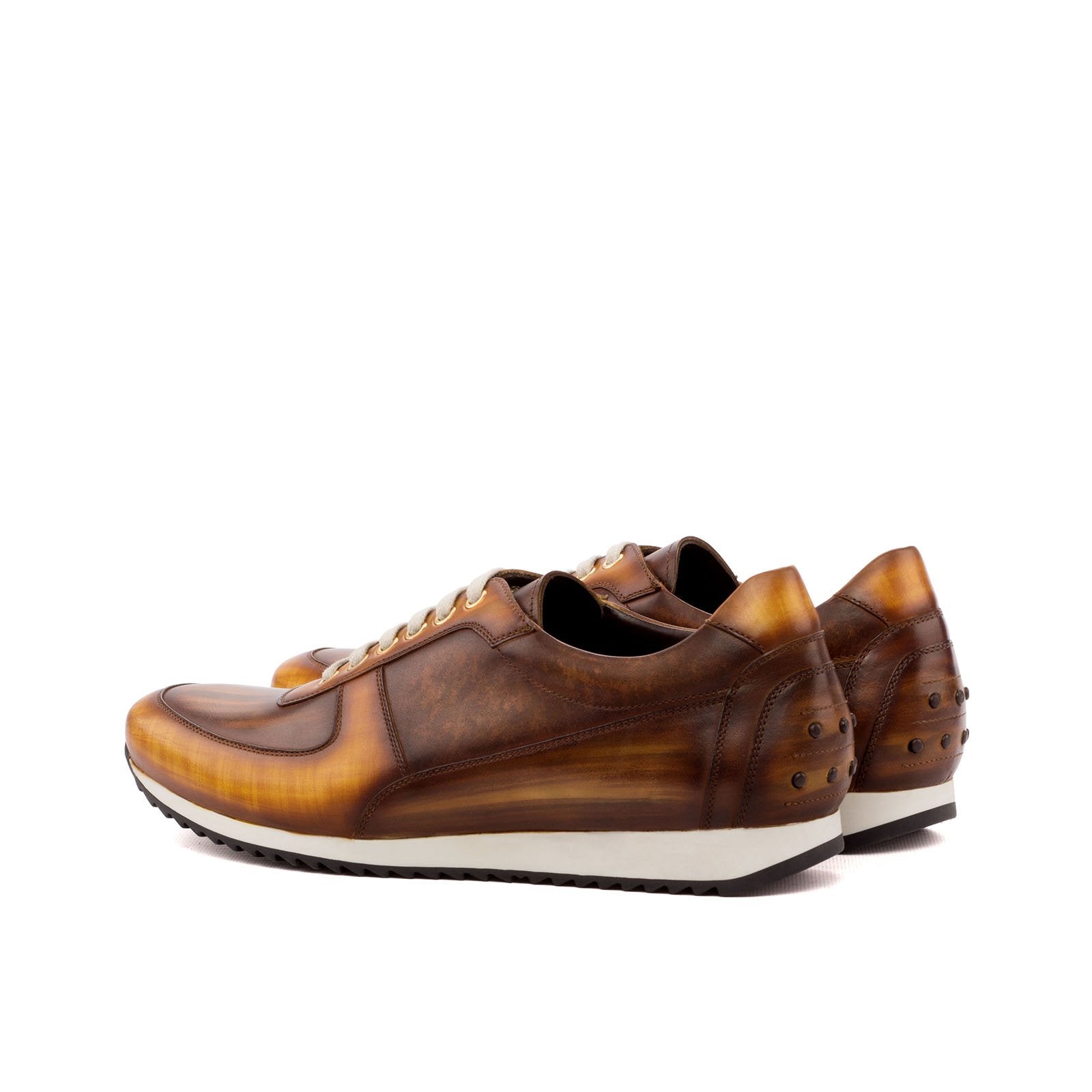 Ambrogio Men's Handmade Custom Made Shoes Cognac & Brown Patina Leather Casual Corsini Sneakers (AMB1131)