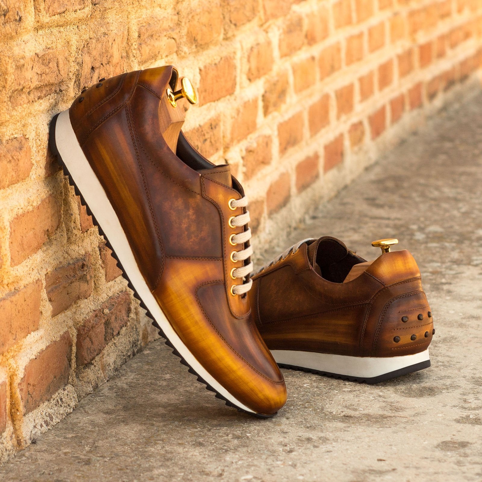 Ambrogio Men's Handmade Custom Made Shoes Cognac & Brown Patina Leather Casual Corsini Sneakers (AMB1131)