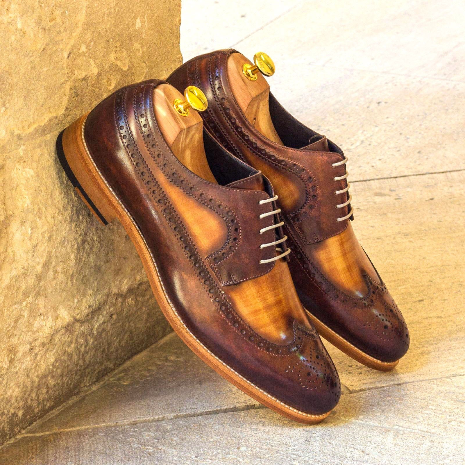 Ambrogio Men's Handmade Custom Made Shoes Cognac & Brown Patina Leather Longwing Blucher Oxfords (AMB1088)