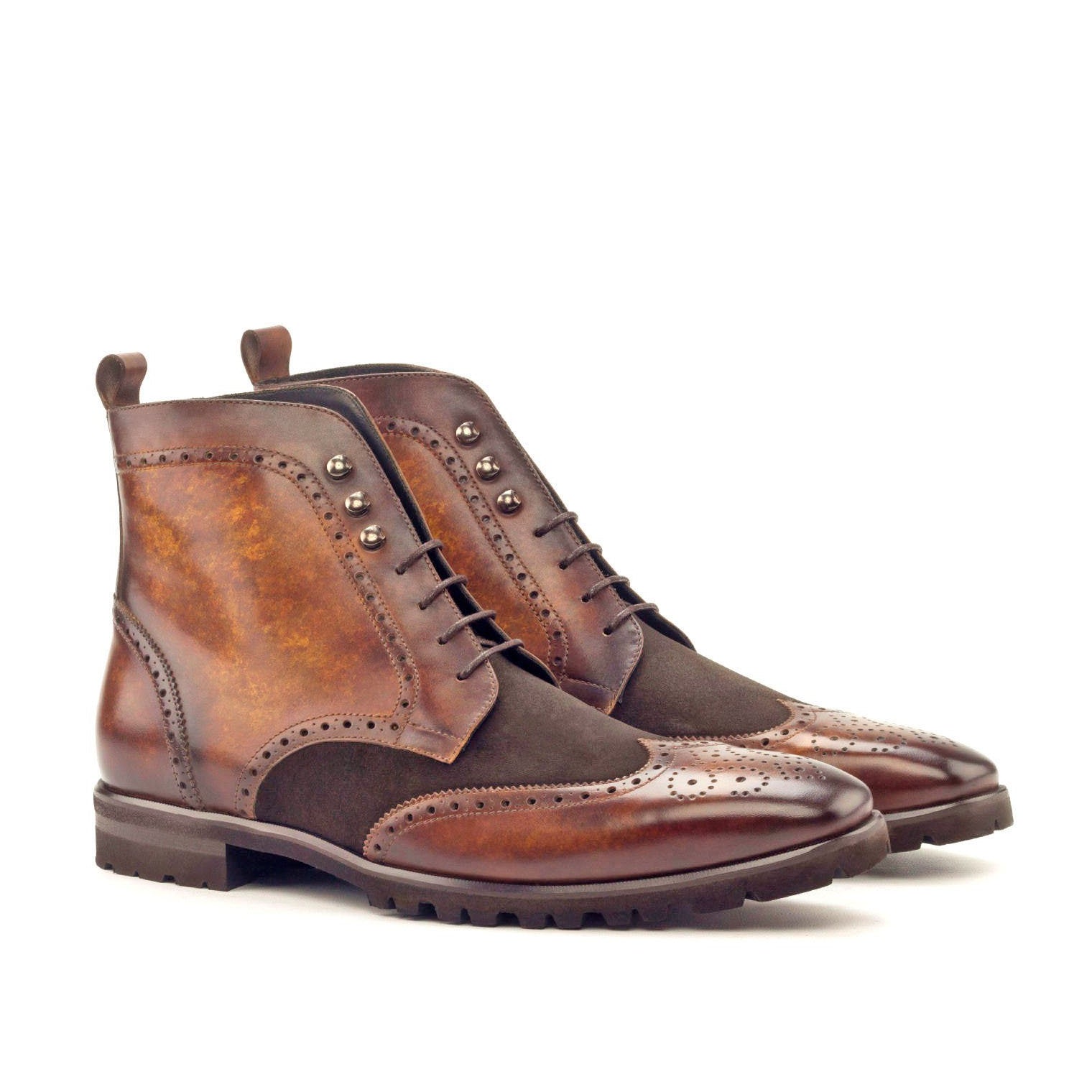 Ambrogio Men's Handmade Custom Made Shoes Cognac & Brown Suede / Patina Leather Military Boots (AMB1207)