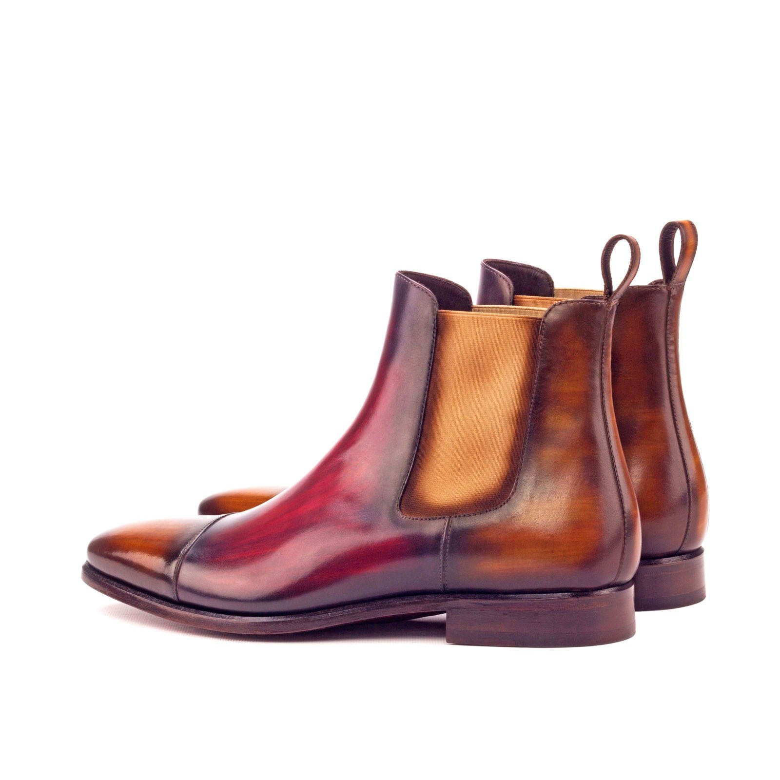 Ambrogio Men's Handmade Custom Made Shoes Cognac & Burgundy Crust Patina Leather Cap-Toe Chelsea Boots (AMB1029)