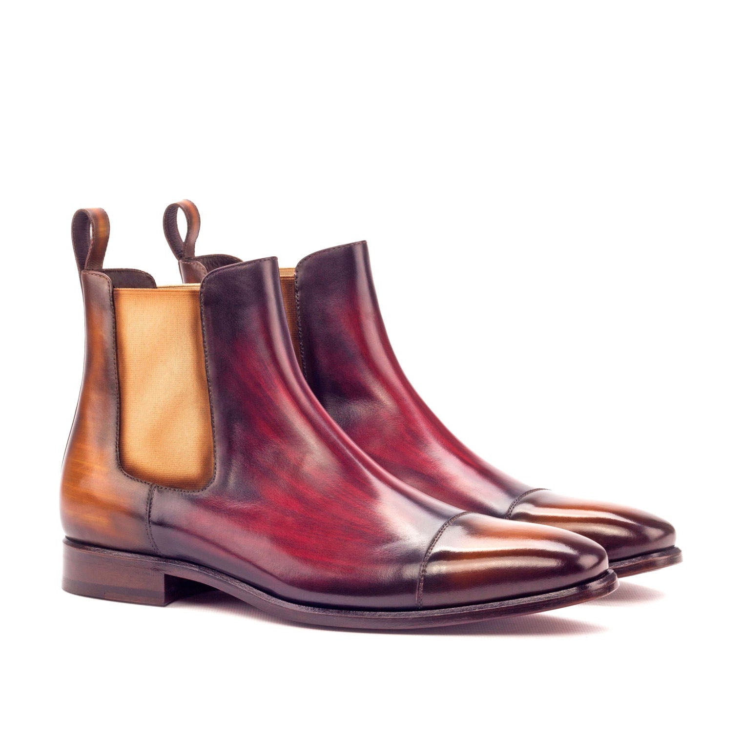 Ambrogio Men's Handmade Custom Made Shoes Cognac & Burgundy Crust Patina Leather Cap-Toe Chelsea Boots (AMB1029)