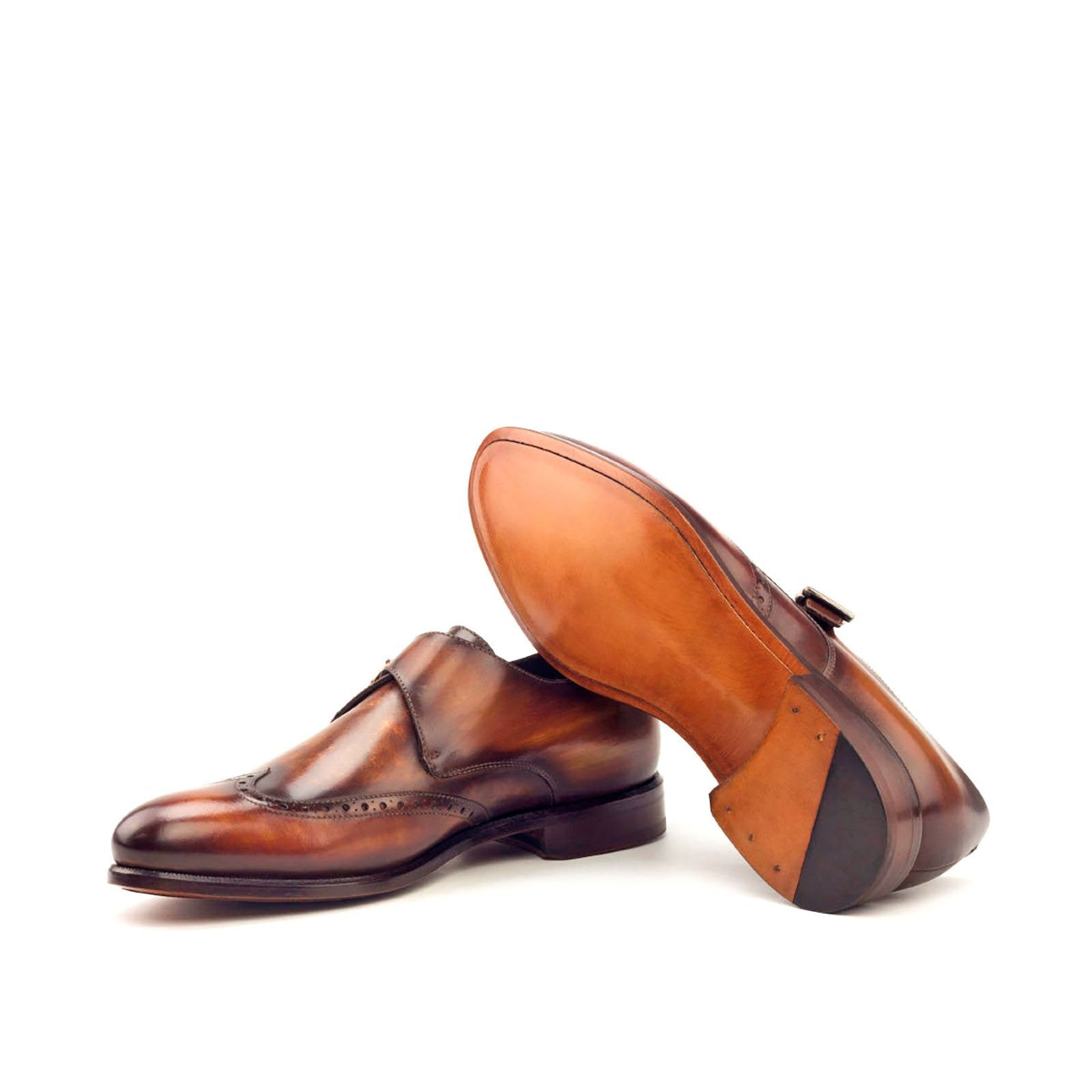 Ambrogio Men's Handmade Custom Made Shoes Cognac Patina Leather Monk-Strap Loafers (AMB1165)