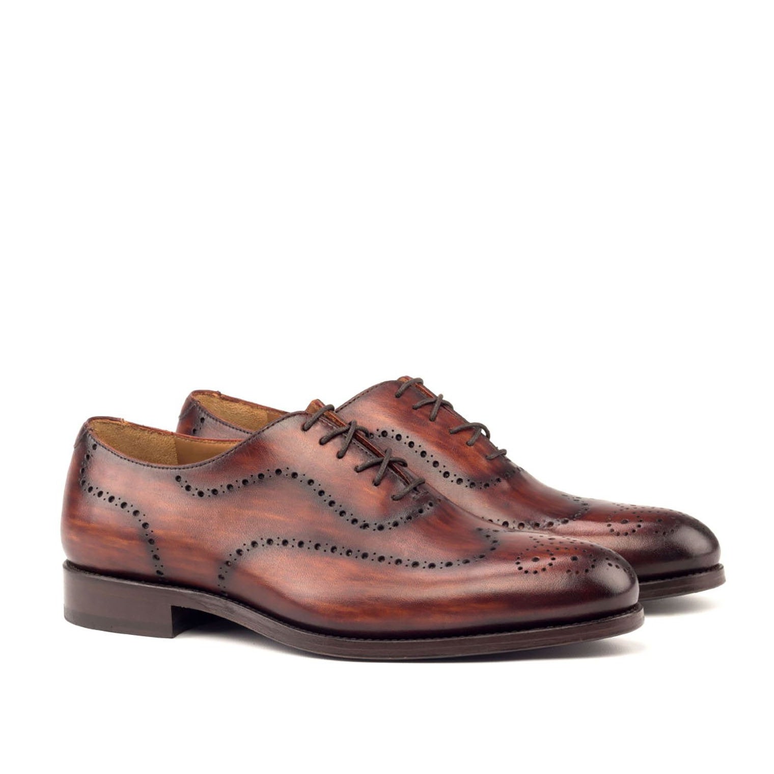 Ambrogio Men's Handmade Custom Made Shoes Cognac Patina Leather Whole-Cut Oxfords (AMB1223)