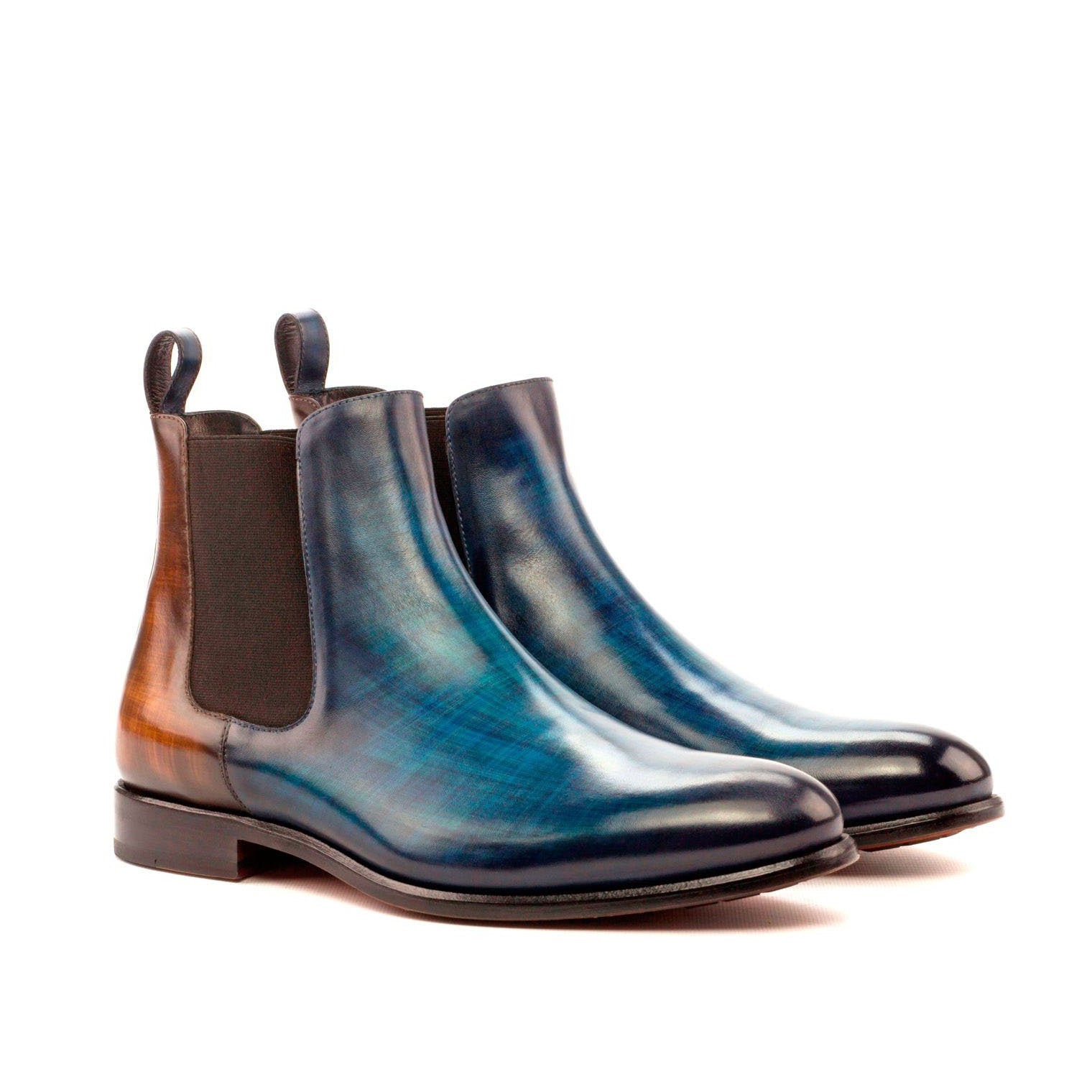 Ambrogio Men's Handmade Custom Made Shoes Denim Blue & Brown Crust Patina Leather Chelsea Boots (AMB1025)