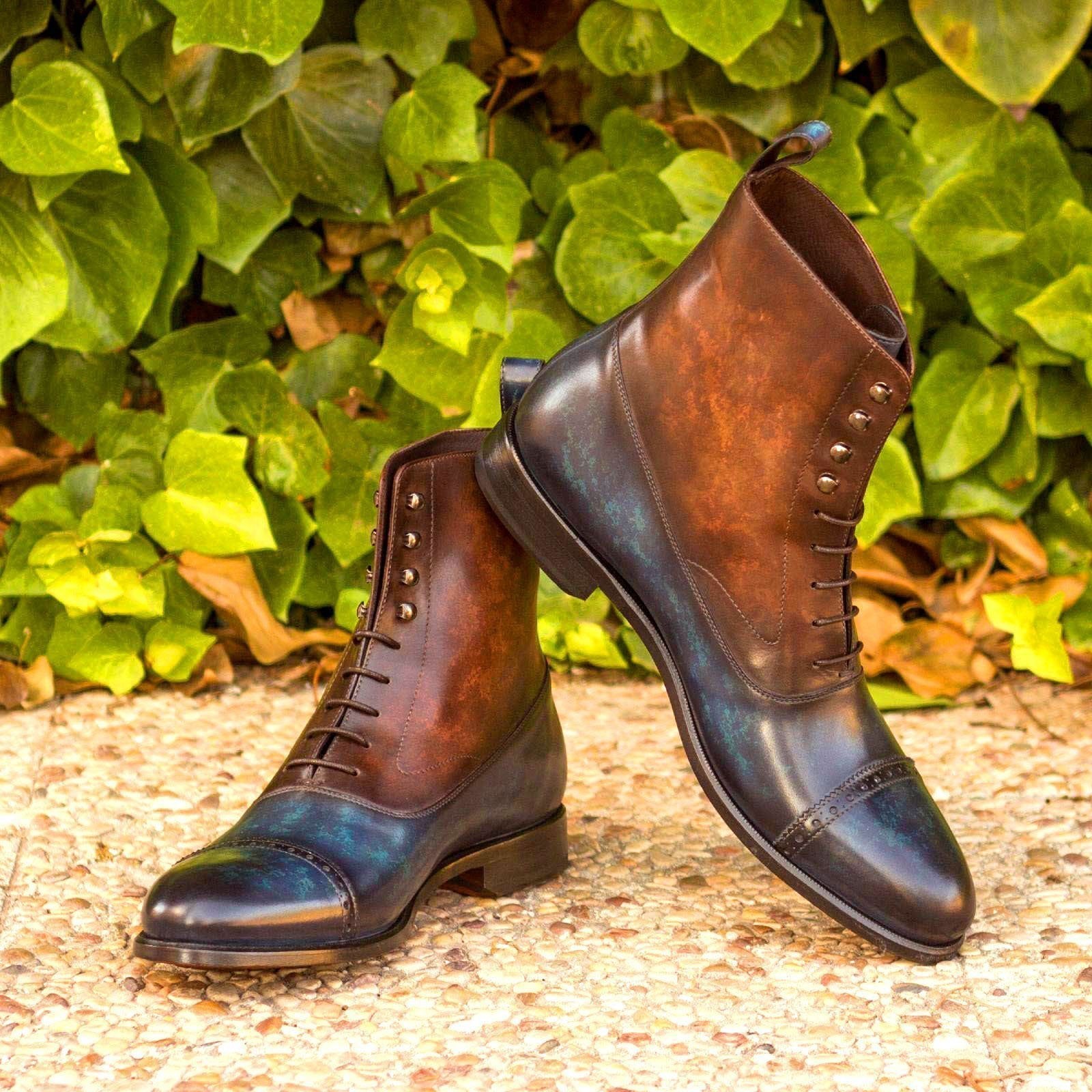 Ambrogio Men's Handmade Custom Made Shoes Denim Blue & Brown Patina Leather Balmoral Boots(AMB1200)