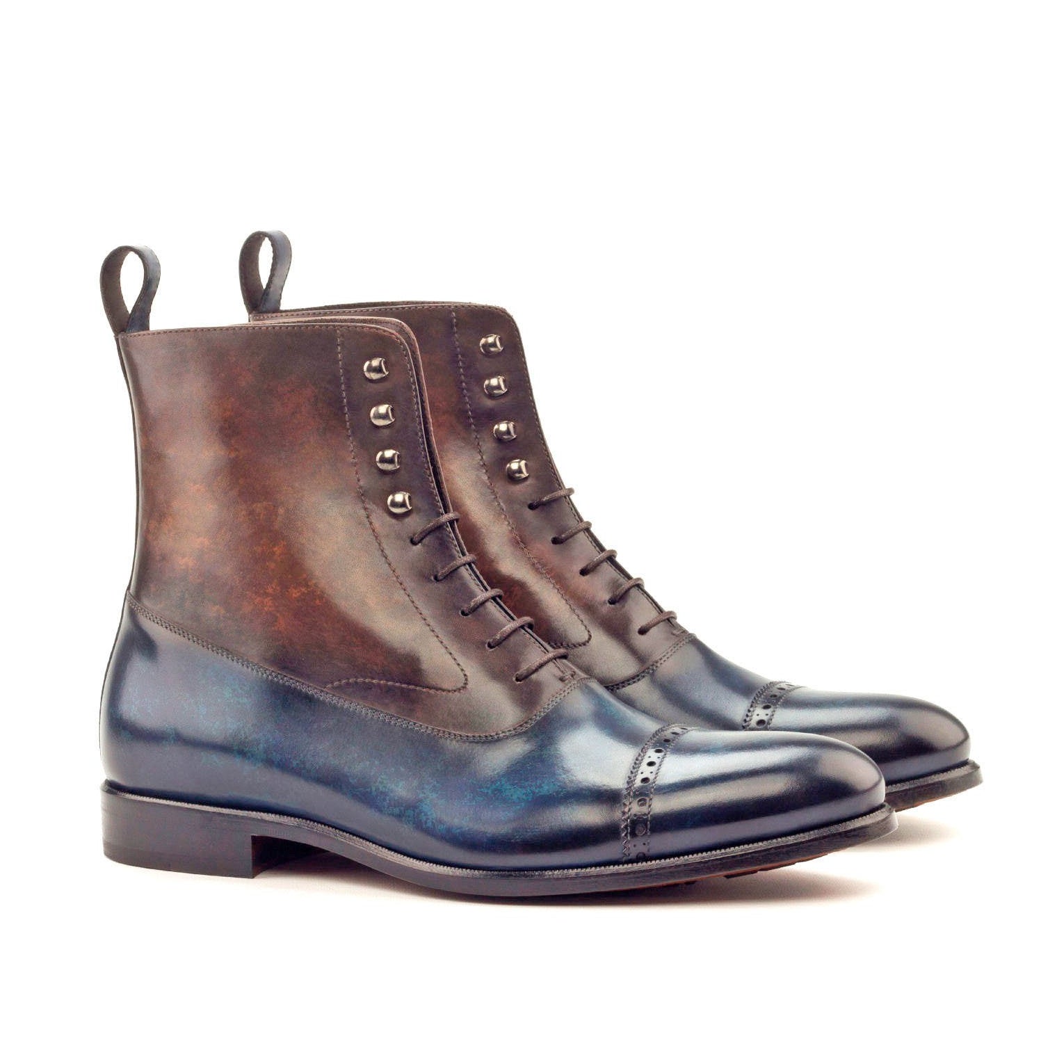 Ambrogio Men's Handmade Custom Made Shoes Denim Blue & Brown Patina Leather Balmoral Boots(AMB1200)