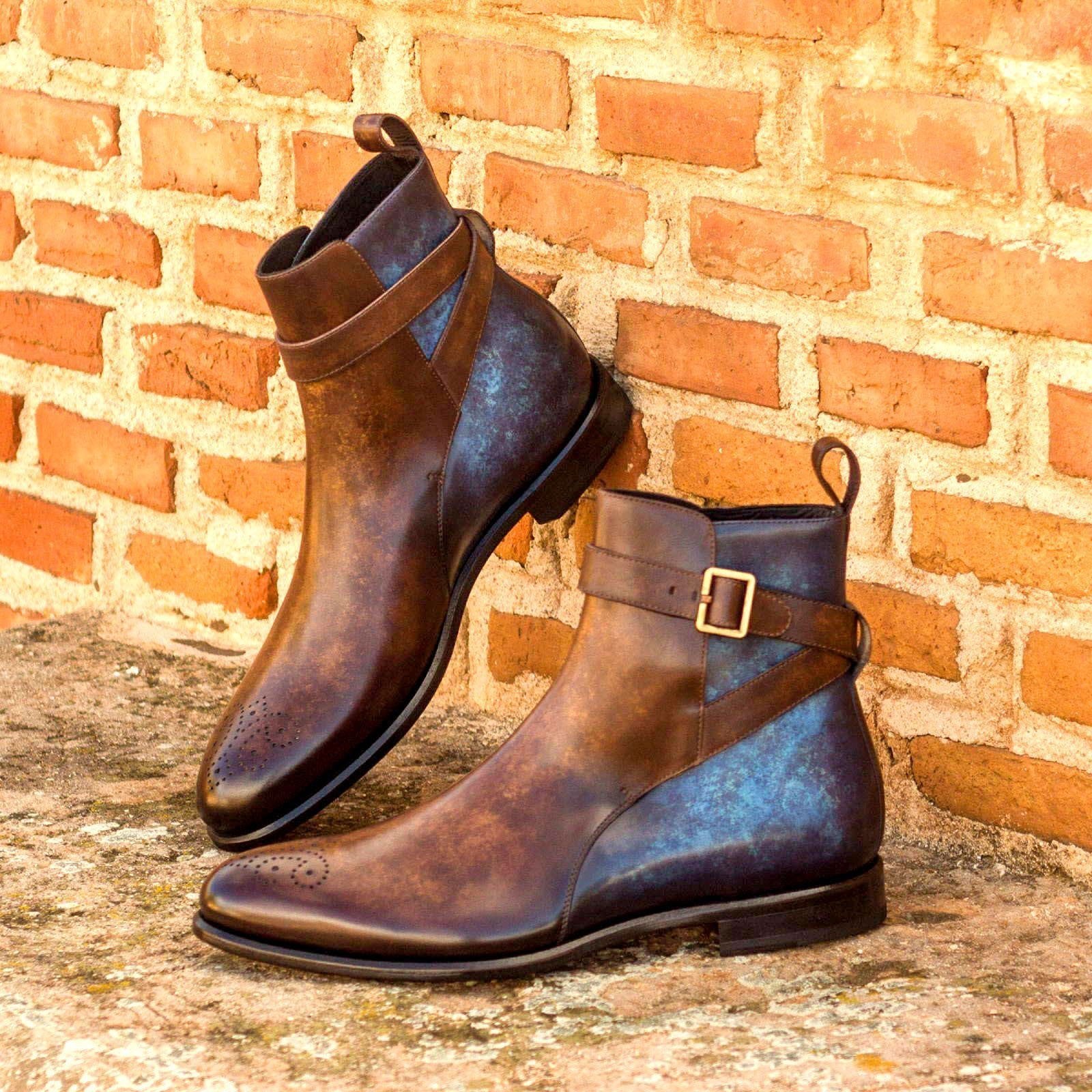 Ambrogio Men's Handmade Custom Made Shoes Denim Blue & Brown Patina Leather Jodhpur Boots (AMB1144)