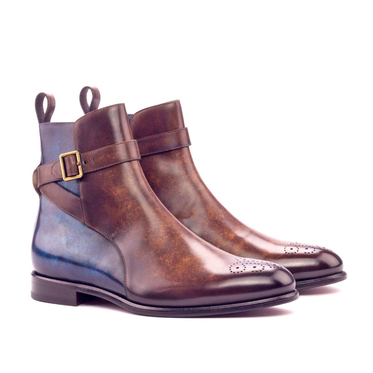 Ambrogio Men's Handmade Custom Made Shoes Denim Blue & Brown Patina Leather Jodhpur Boots (AMB1144)