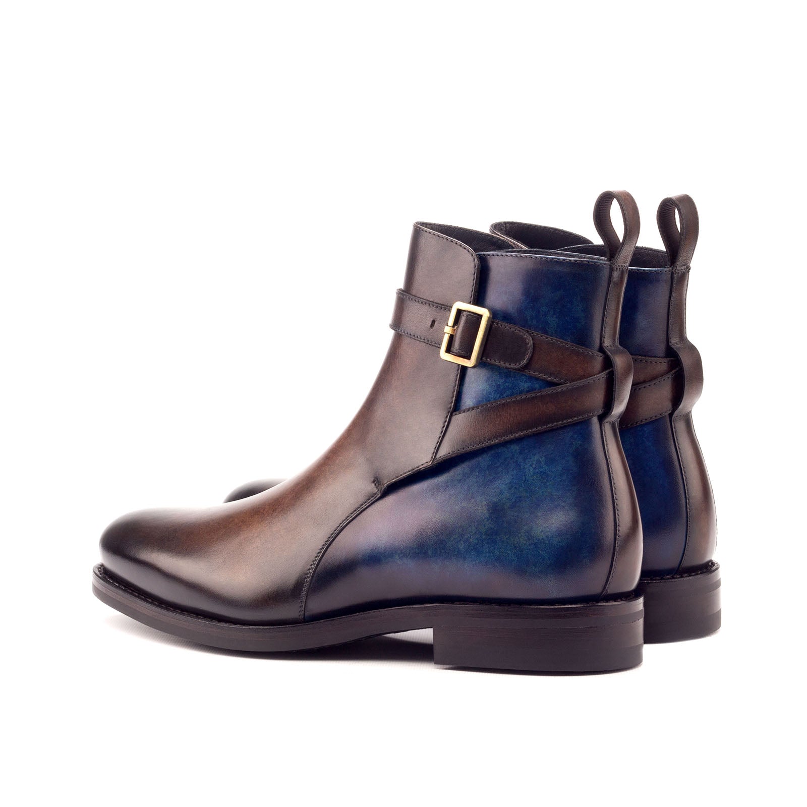 Ambrogio Men's Handmade Custom Made Shoes Denim Blue & Brown Patina Leather Jodhpur Boots (AMB1170)