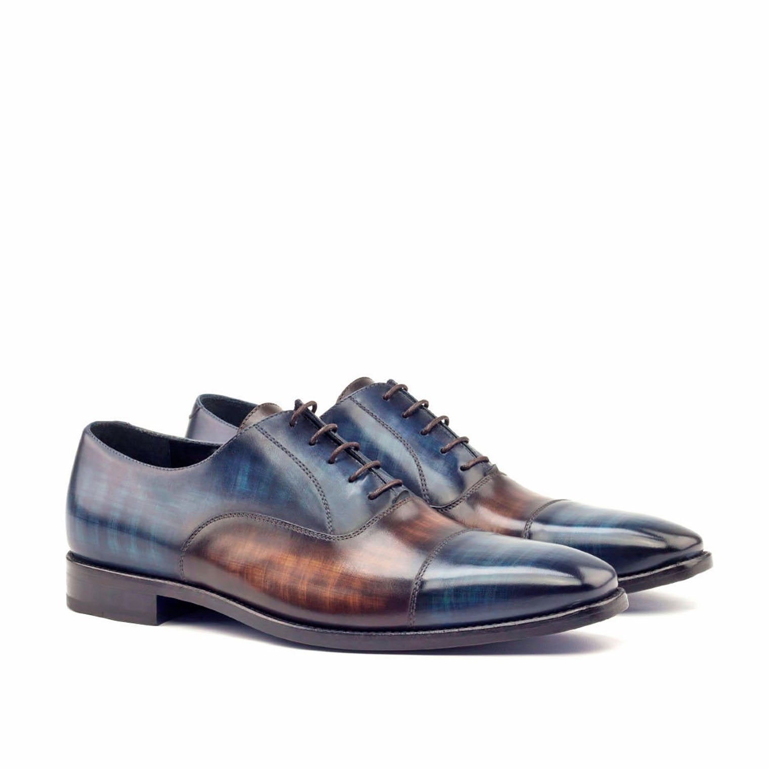 Ambrogio Men's Handmade Custom Made Shoes Denim Blue / Brown Patina Leather Oxfords (AMB1053)