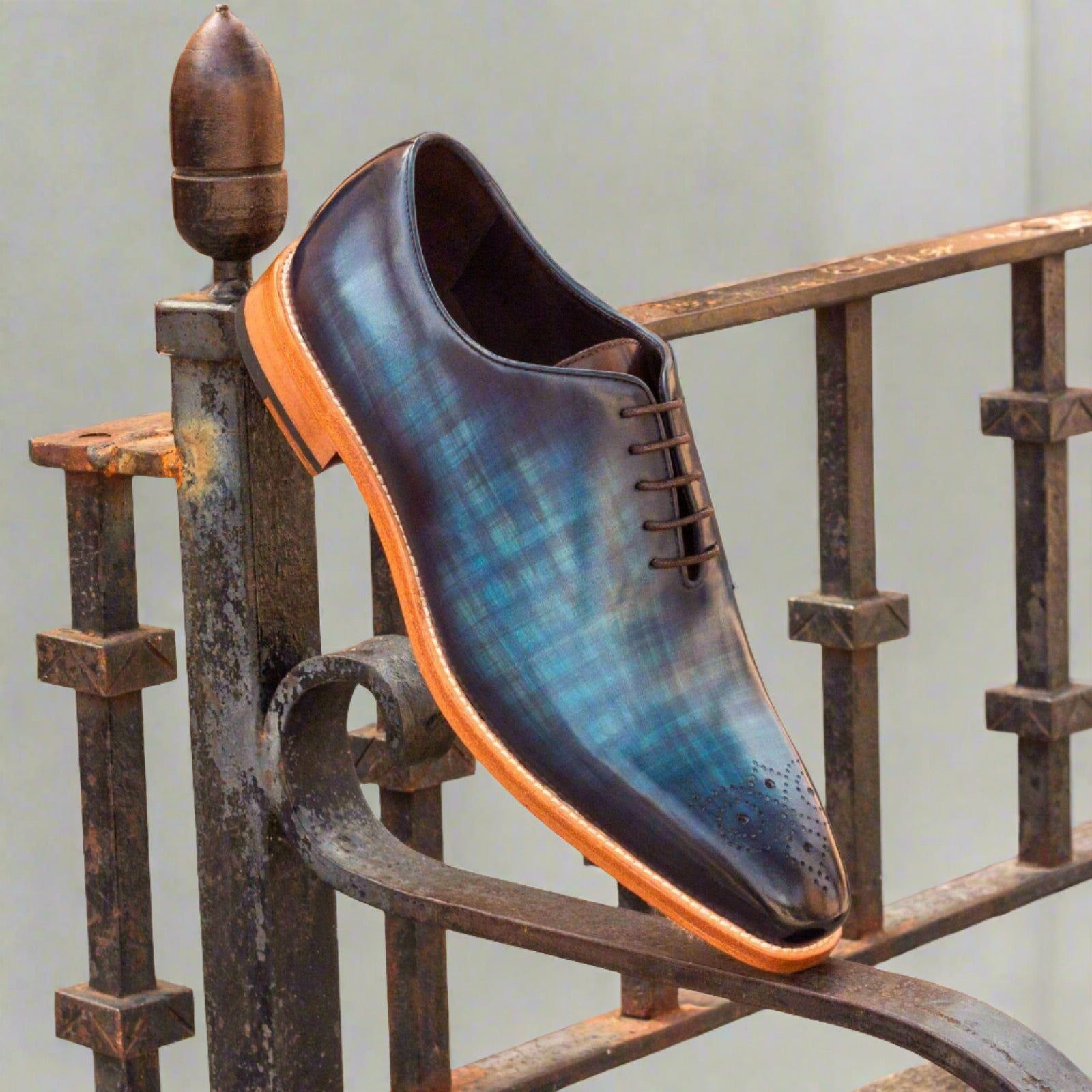 Ambrogio Men's Handmade Custom Made Shoes Denim Blue & Brown Patina Leather Whole-Cut Oxfords (AMB1208)