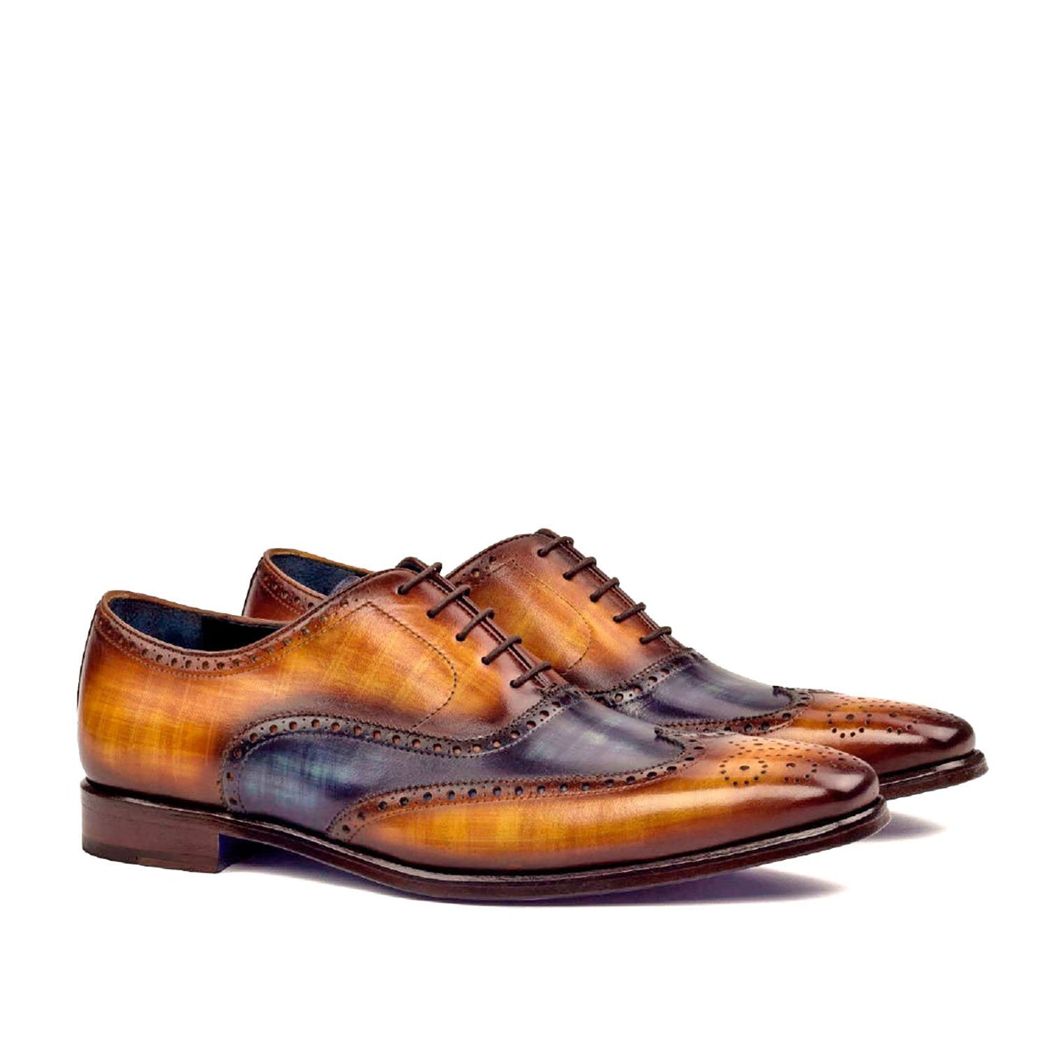 Ambrogio Men's Handmade Custom Made Shoes Denim Blue & Cognac Patina Leather Brogue Oxfords(AMB1204)