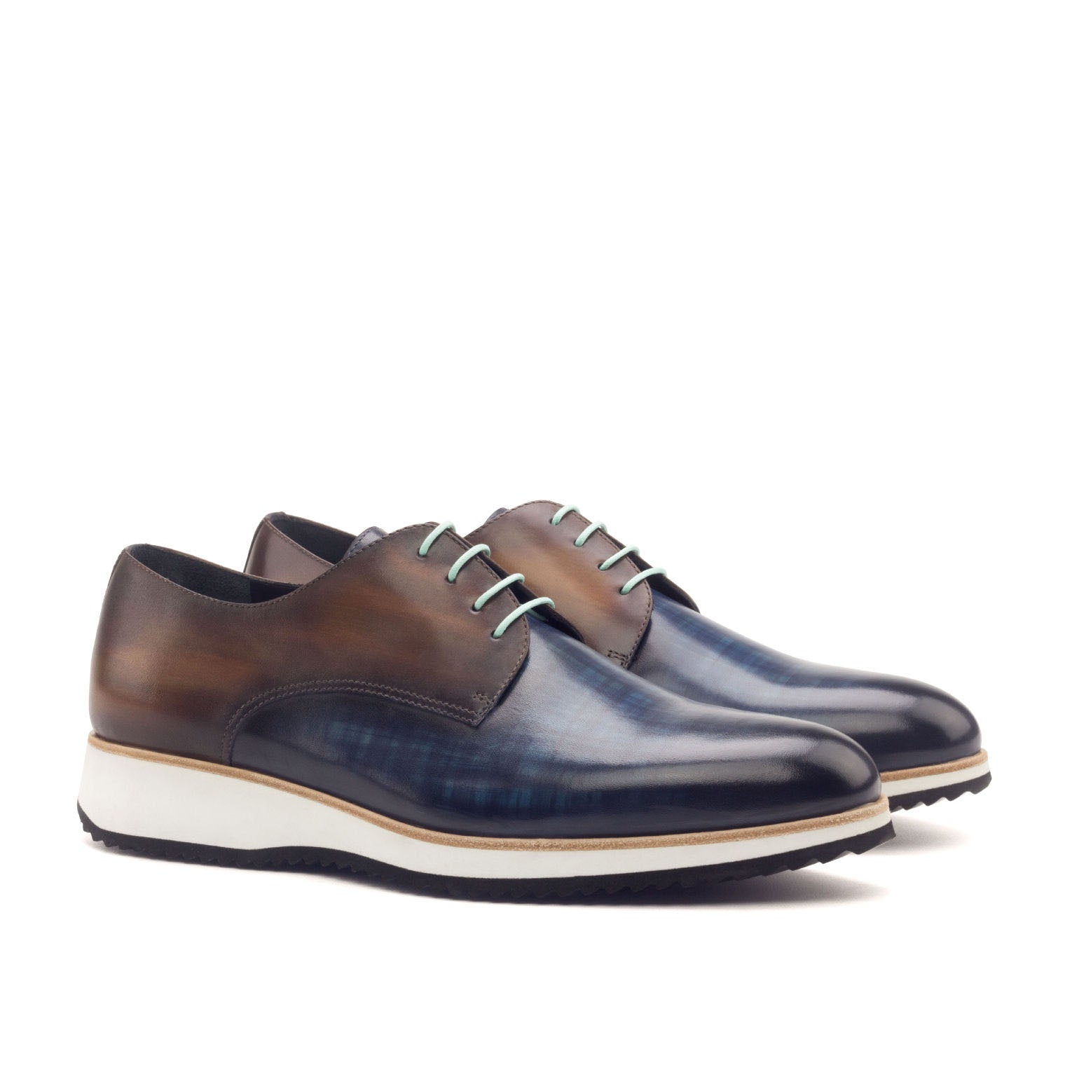 Ambrogio Men's Handmade Custom Made Shoes Denim Blue & Cognac Patina Leather Derby Oxfords (AMB1171)