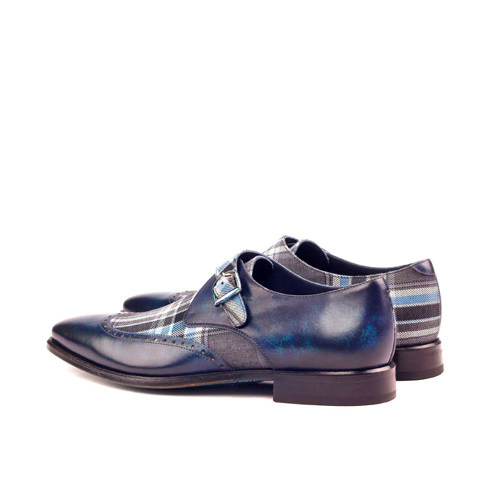 Ambrogio Men's Handmade Custom Made Shoes Denim Blue Plaid Sartorial / Patina Leather Monk-Strap Loafers (AMB1187)