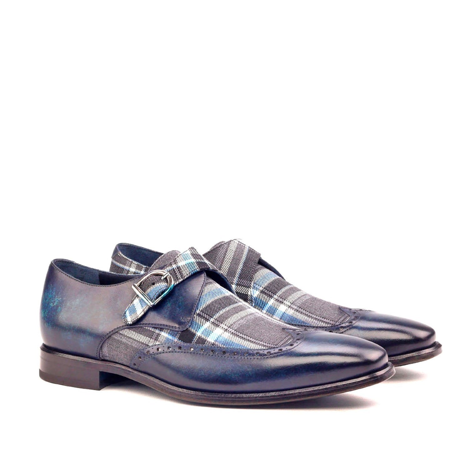 Ambrogio Men's Handmade Custom Made Shoes Denim Blue Plaid Sartorial / Patina Leather Monk-Strap Loafers (AMB1187)