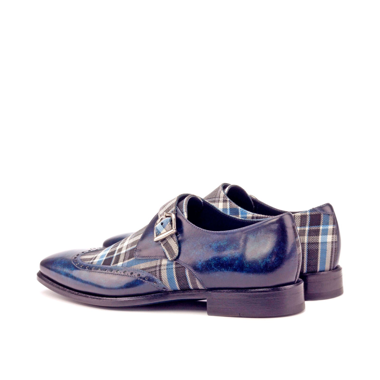 Ambrogio Men's Handmade Custom Made Shoes Denim Blue Texture Print / Patina Leather Monk-Straps Loafers (AMB1065)