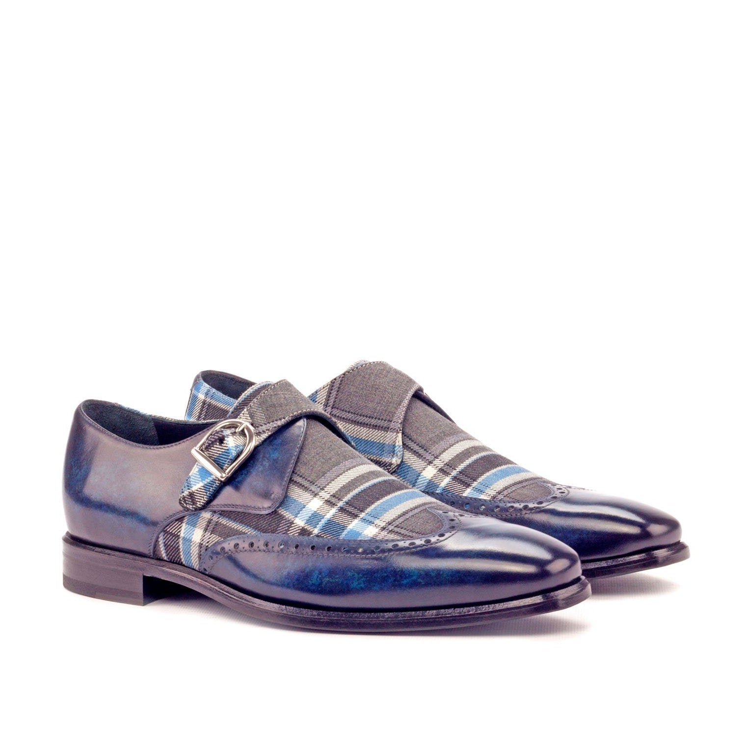 Ambrogio Men's Handmade Custom Made Shoes Denim Blue Texture Print / Patina Leather Monk-Straps Loafers (AMB1065)