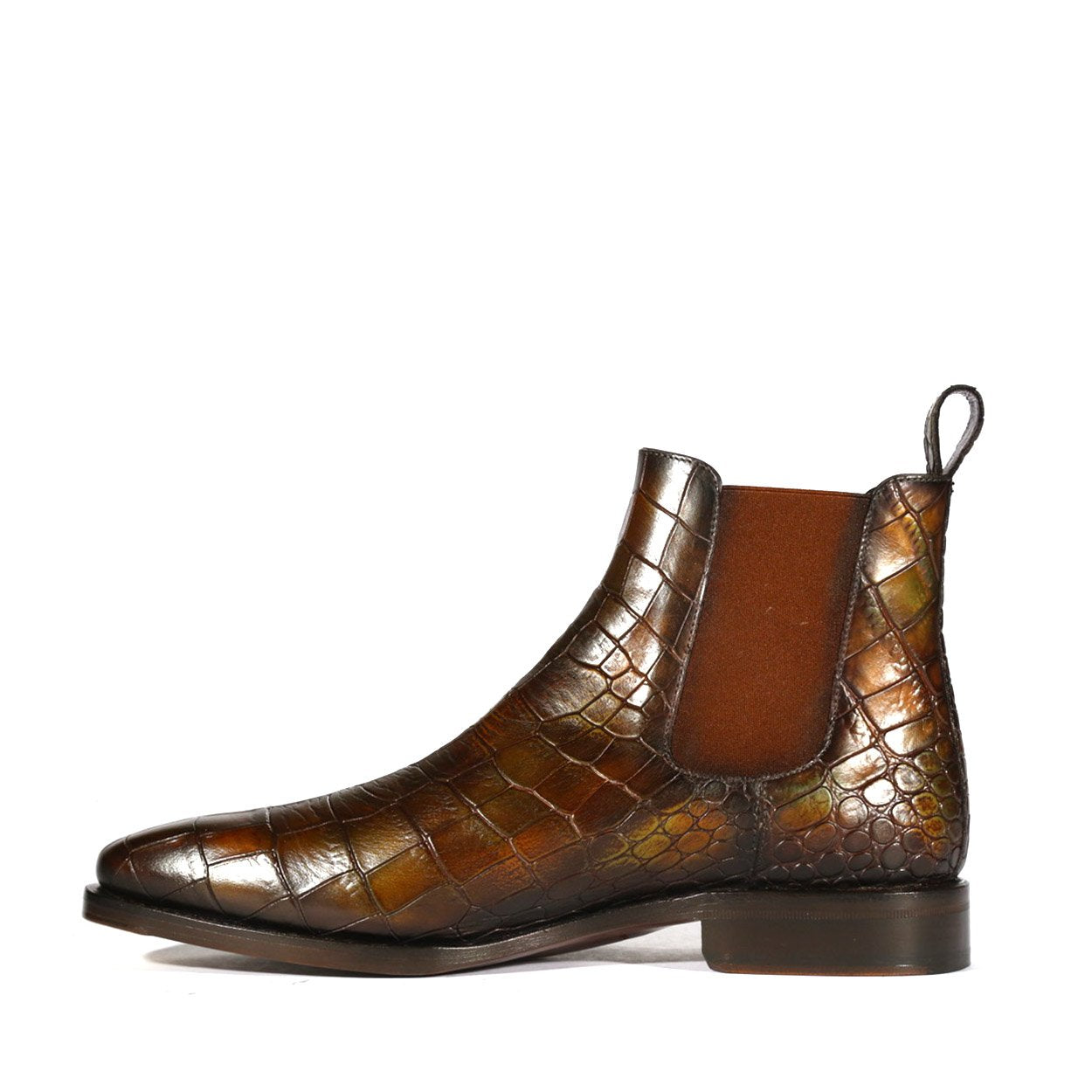 Ambrogio Men's Handmade Custom Made Shoes Forest Green Crocodile Print / Cairo Patina Leather Chelsea Boots (AMB1639)