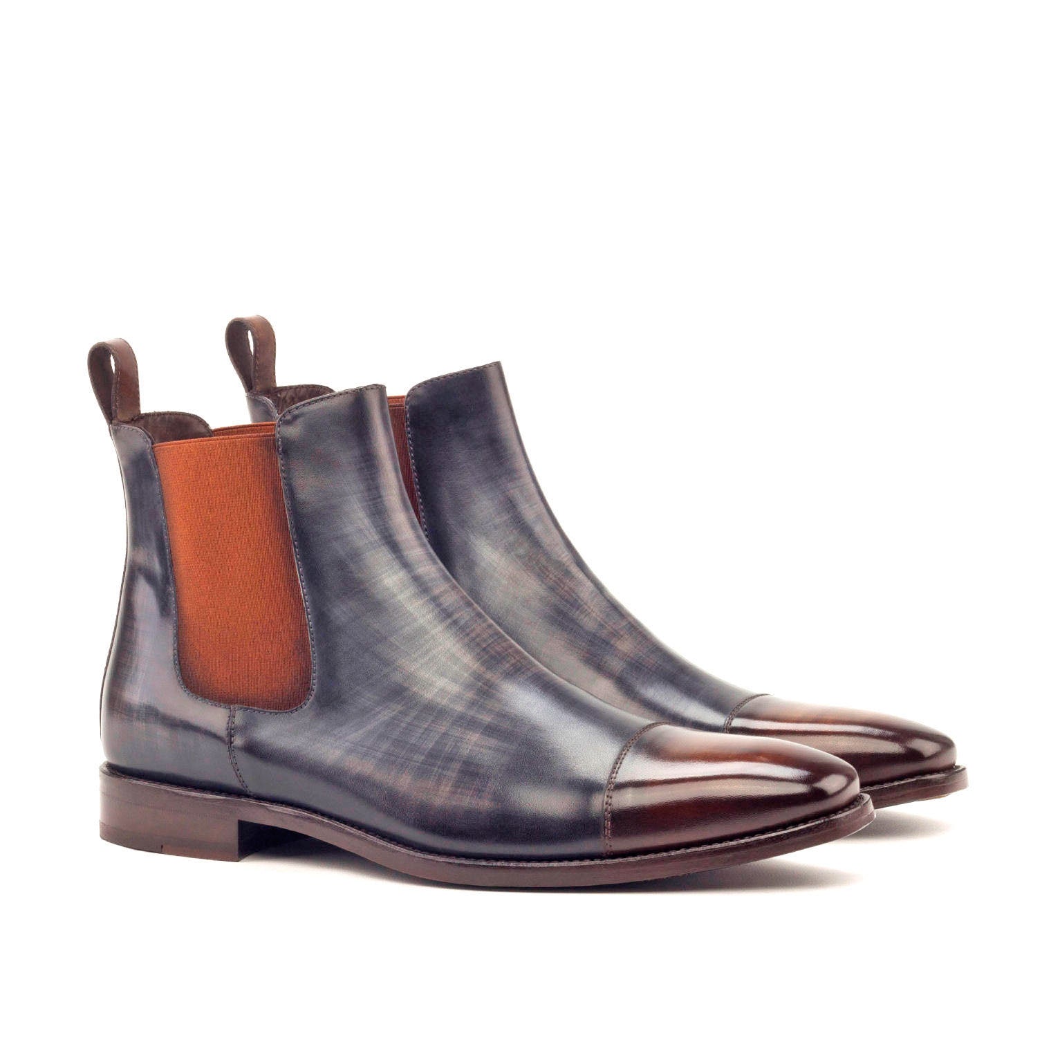 Ambrogio Men's Handmade Custom Made Shoes Gray & Brown Crust Patina Leather Cap-Toe Chelsea Boots (AMB1027)