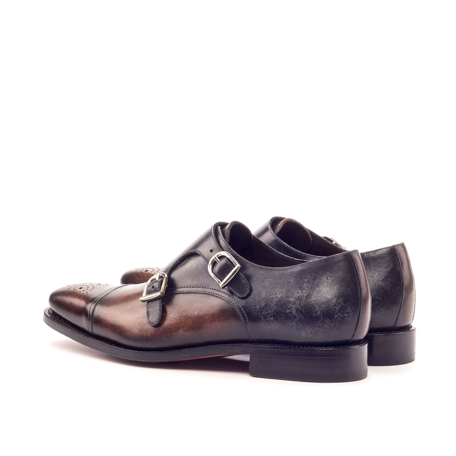 Ambrogio Men's Handmade Custom Made Shoes Gray & Brown Patina Leather Monk-Straps Loafers (AMB1192)