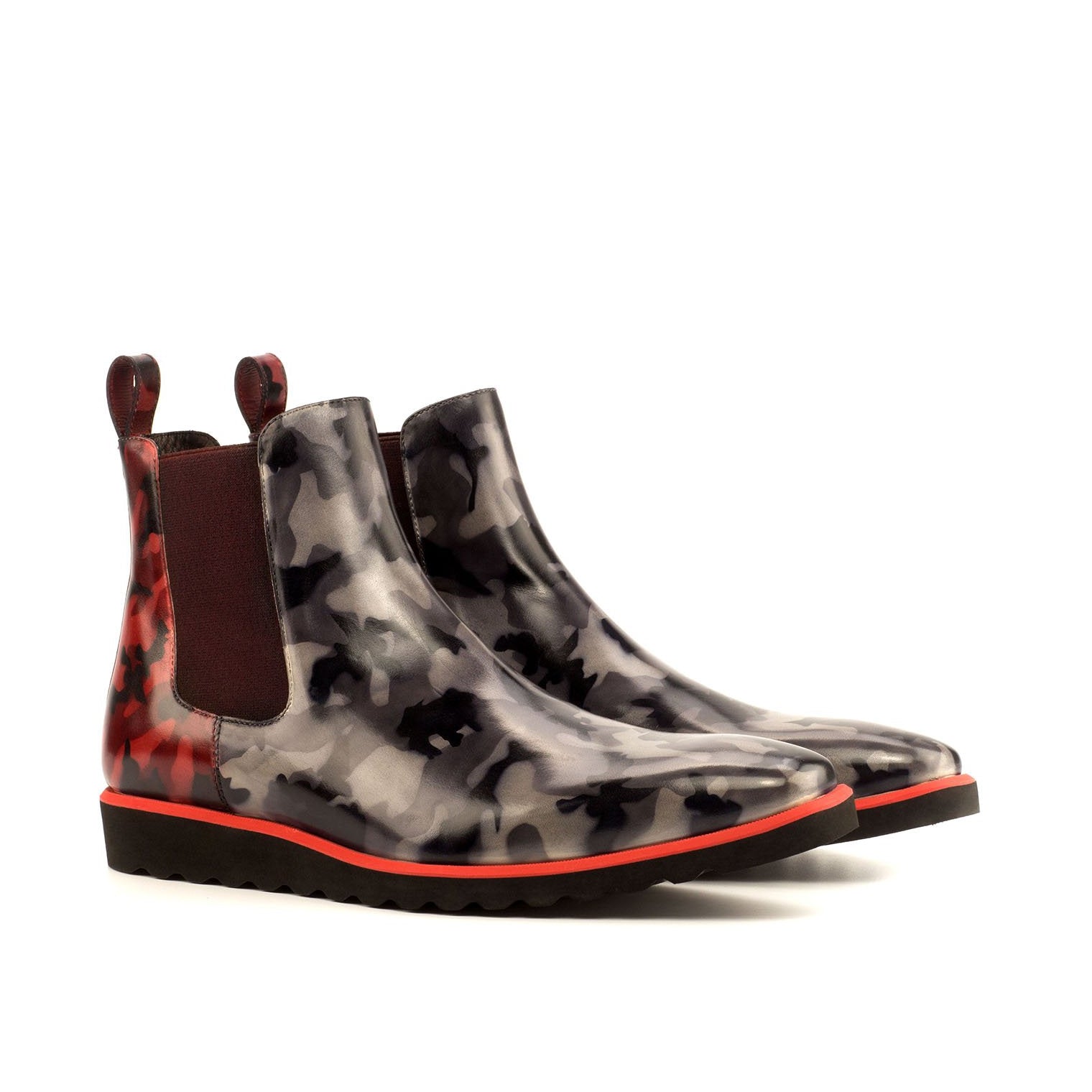 Ambrogio Men's Handmade Custom Made Shoes Gray & Burgundy Camo Patina Leather Chelsea Boots (AMB1034)