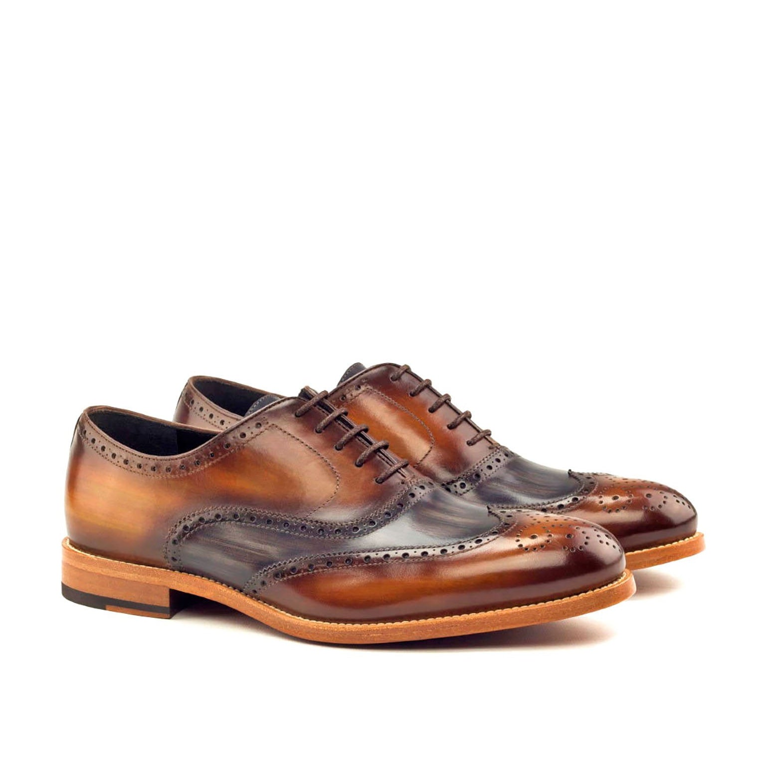 Ambrogio Men's Handmade Custom Made Shoes Gray & Cognac Patina Leather Brogue Oxfords(AMB1201)