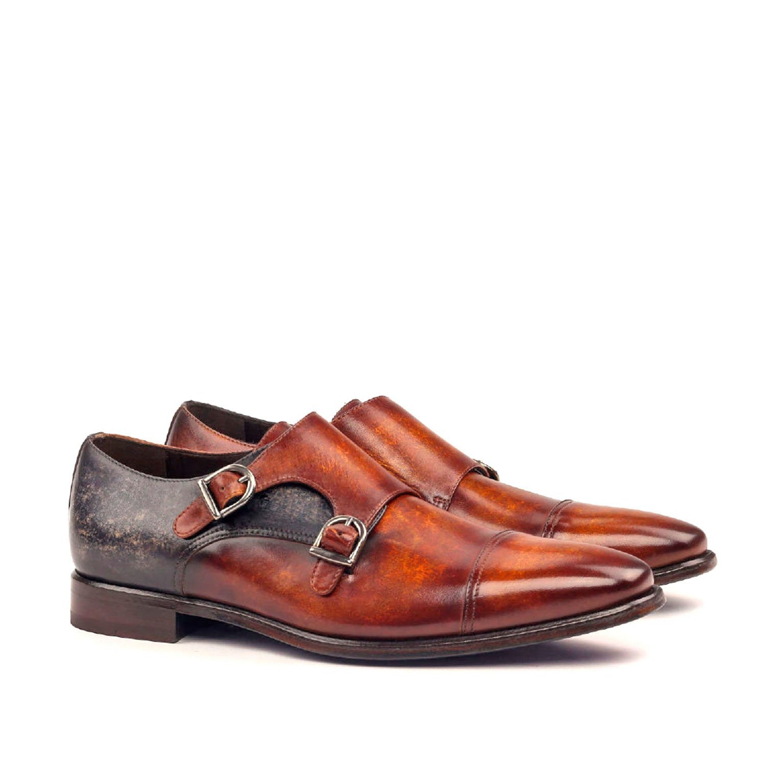 Ambrogio Men's Handmade Custom Made Shoes Gray & Cognac Patina Leather Monk-Straps Loafers (AMB1190)