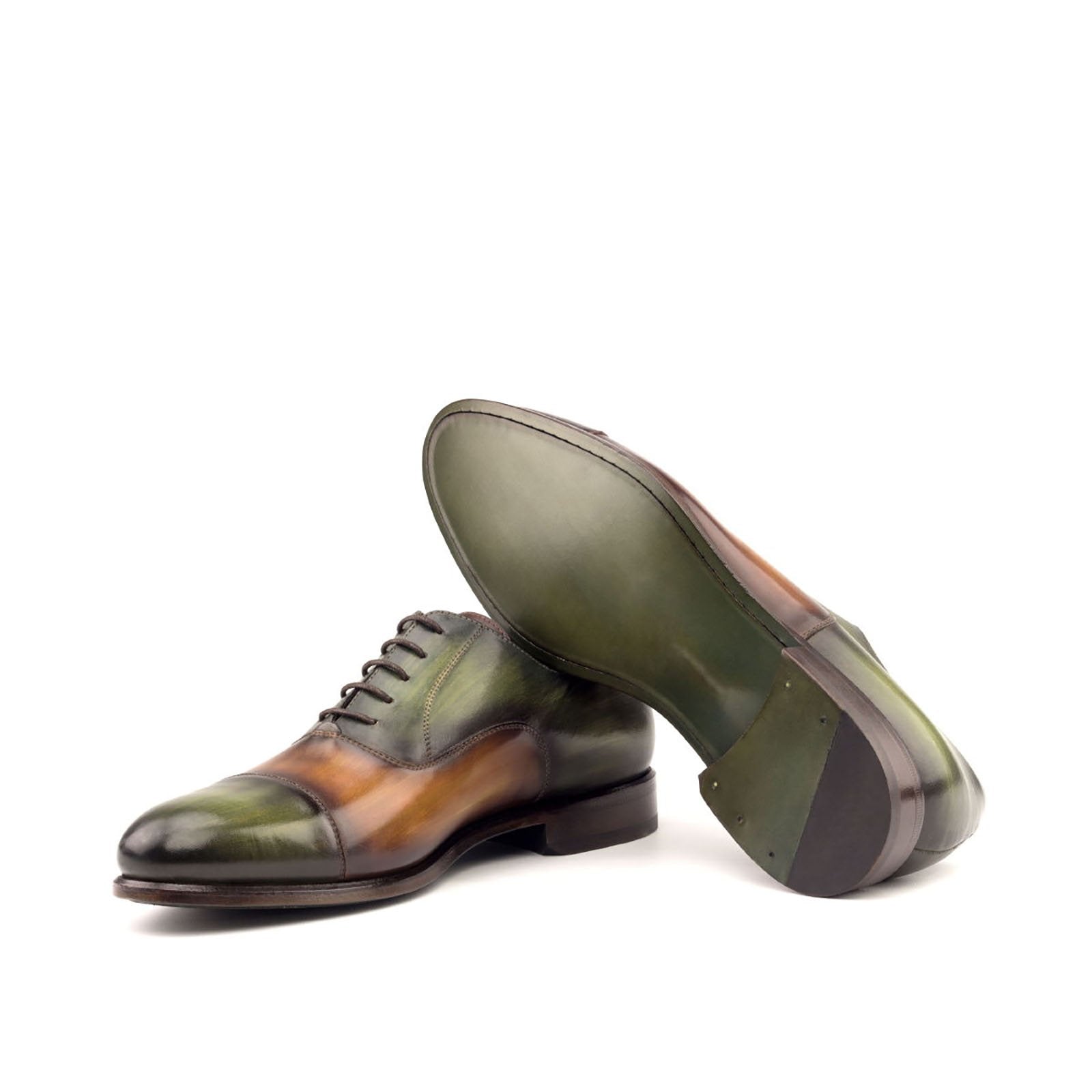 Ambrogio Men's Handmade Custom Made Shoes Green Khaki & Cognac Patina Leather Oxfords (AMB1050)