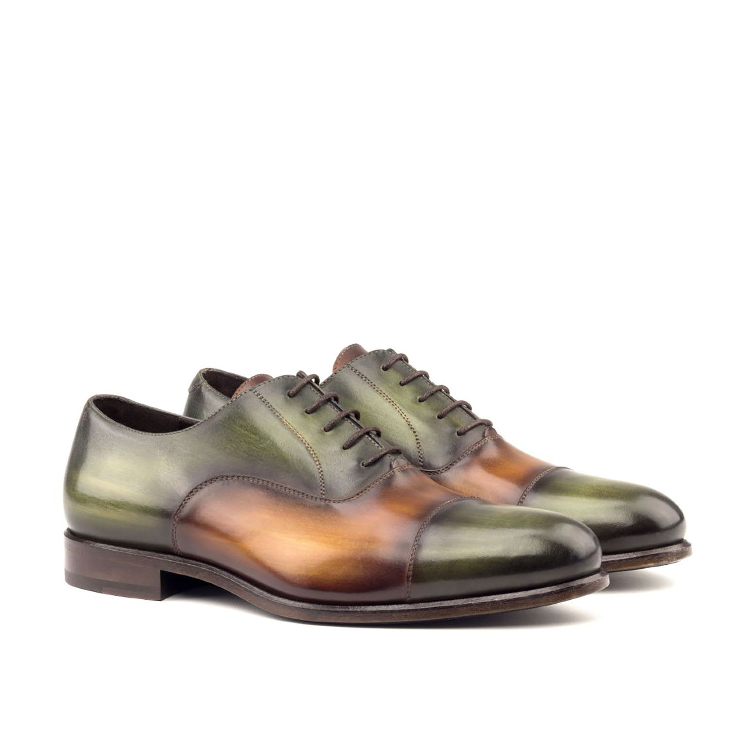 Ambrogio Men's Handmade Custom Made Shoes Green Khaki & Cognac Patina Leather Oxfords (AMB1050)