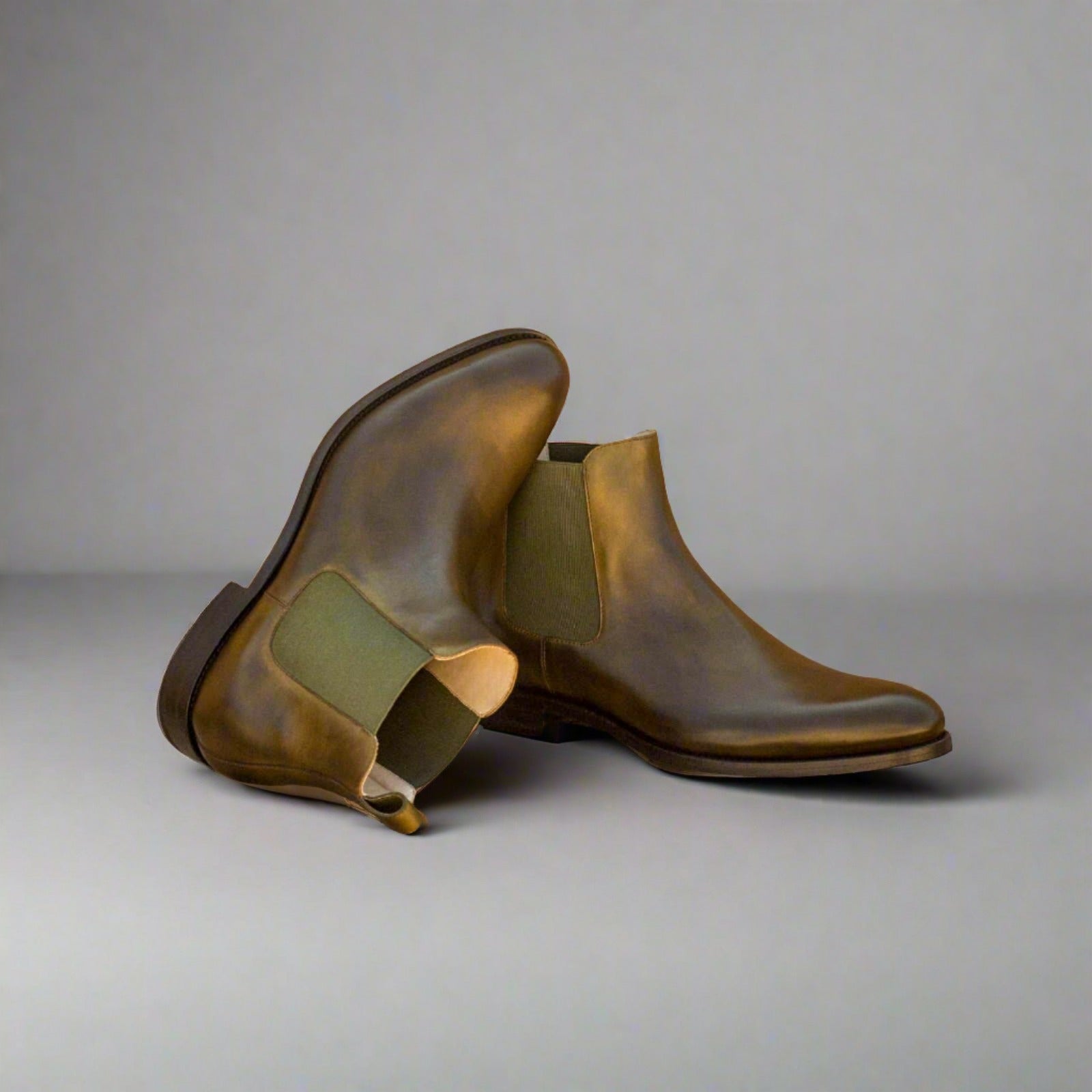 Ambrogio Men's Handmade Custom Made Shoes Green Olive Calf-Skin Leather Chelsea Boots (AMB1023)