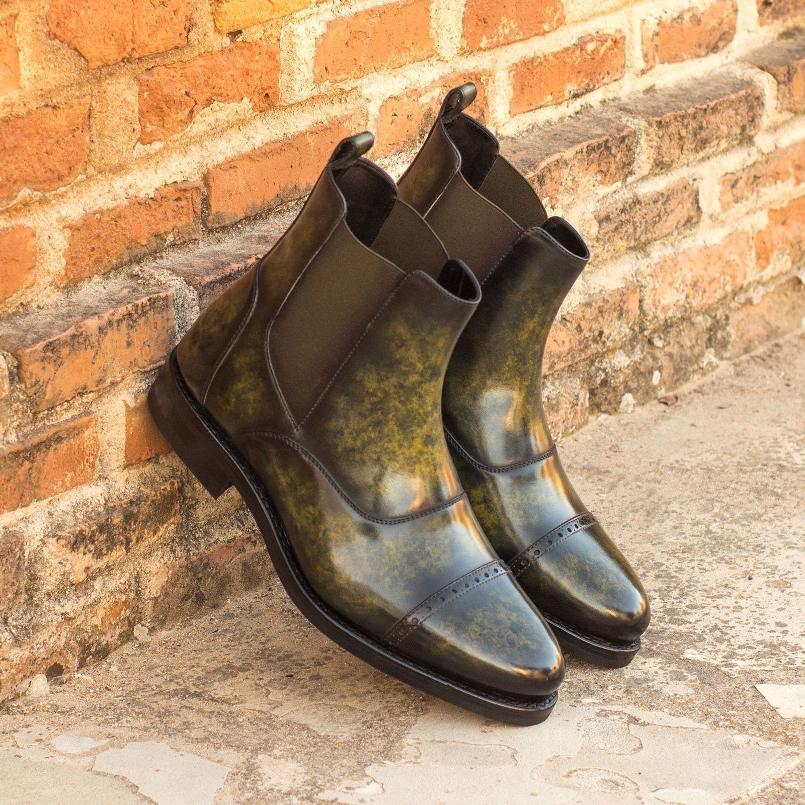 Ambrogio Men's Handmade Custom Made Shoes Khaki Green Patina Leather Chelsea Boots (AMB1206)