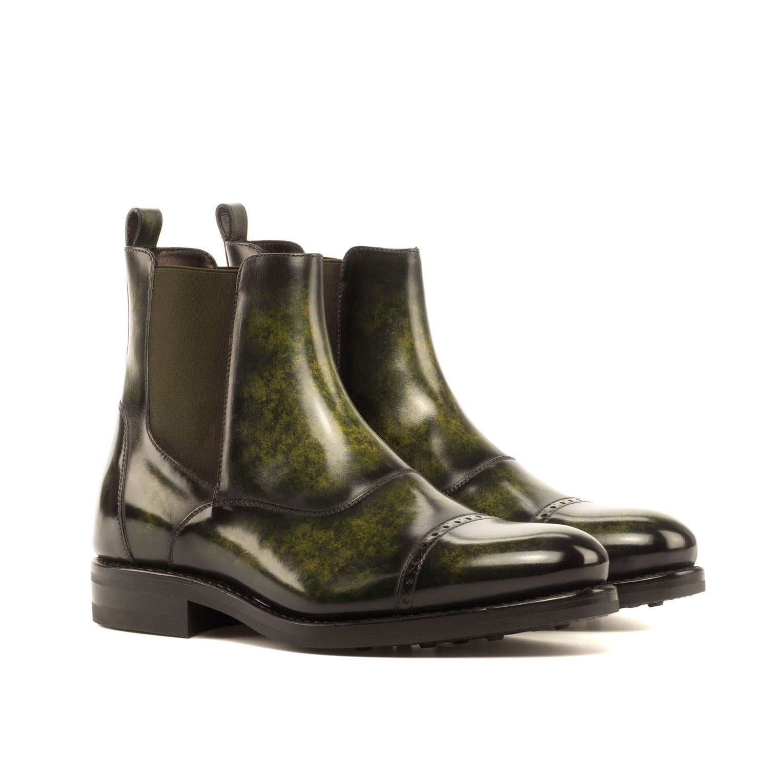 Ambrogio Men's Handmade Custom Made Shoes Khaki Green Patina Leather Chelsea Boots (AMB1206)