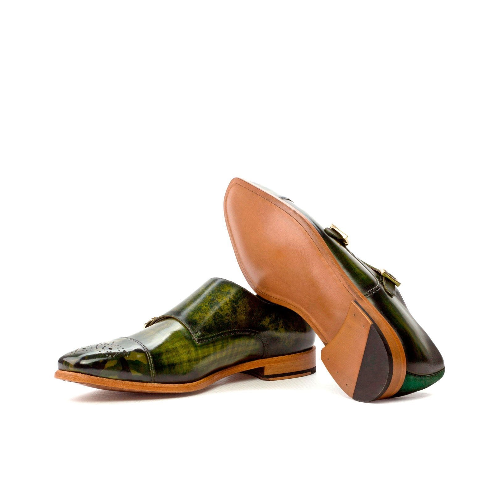 Ambrogio Men's Handmade Custom Made Shoes Khaki Green Suede / Patina Leather Monk-Straps Loafers (AMB1142)