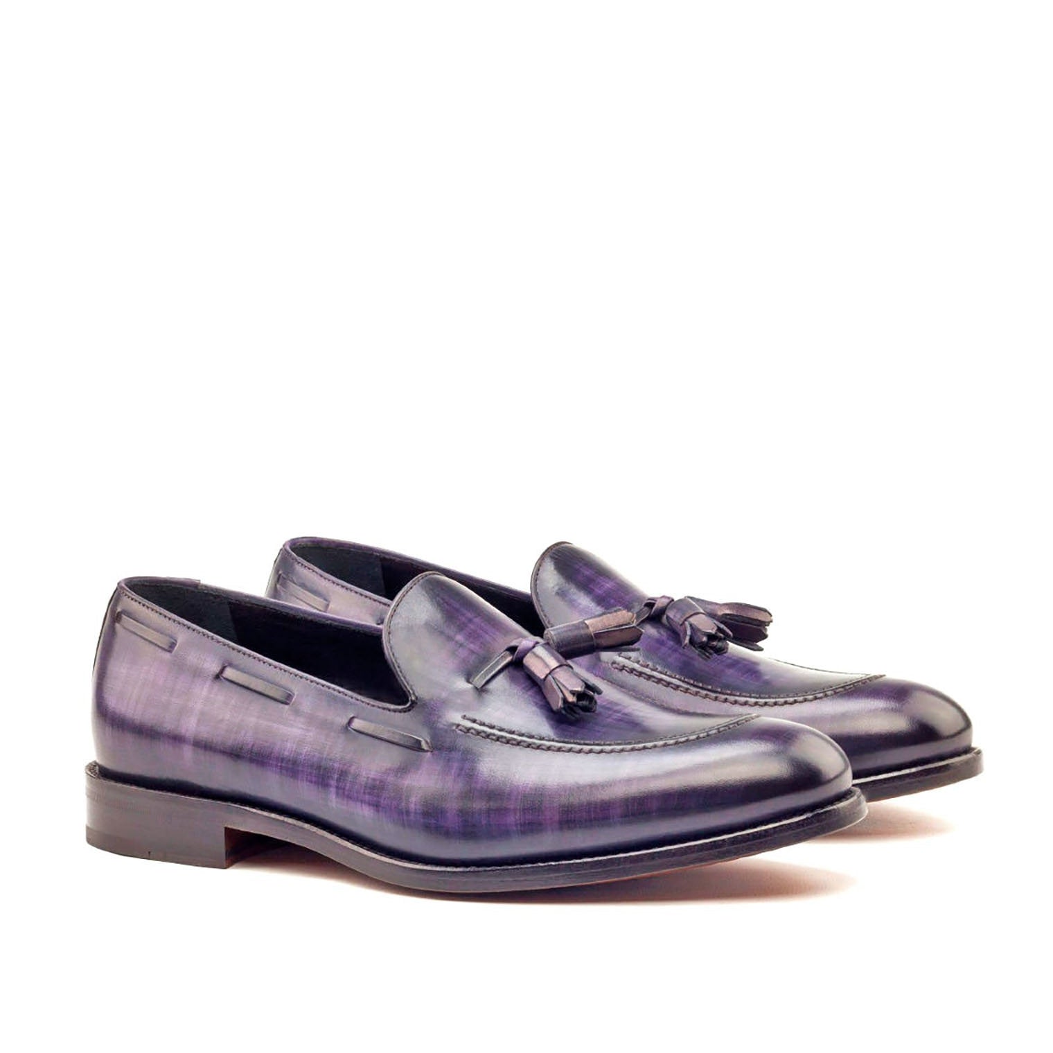 Ambrogio Men's Handmade Custom Made Shoes Purple & Denim Blue Patina Leather Tassels Loafers (AMB1147)