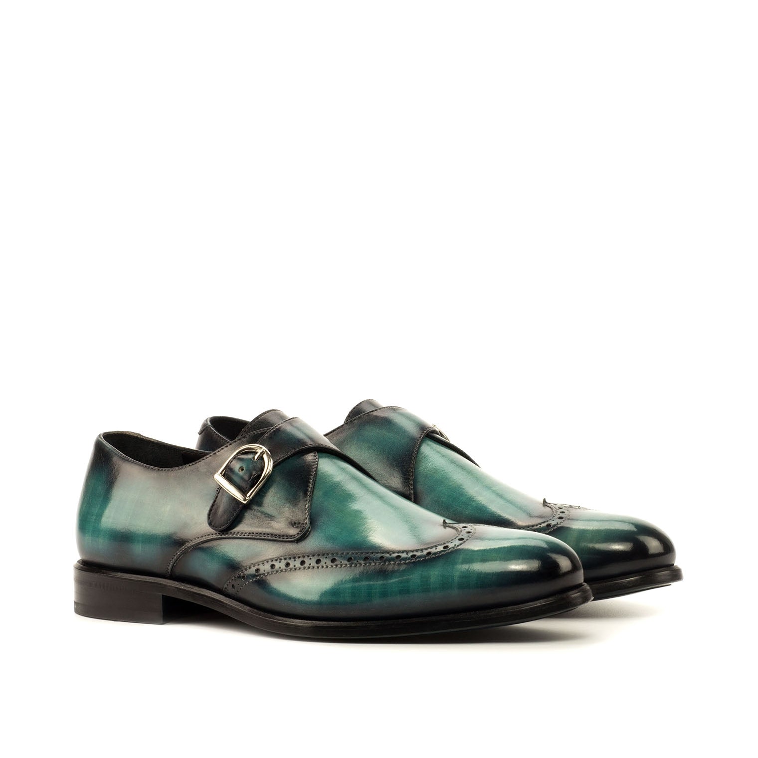 Ambrogio Men's Handmade Custom Made Shoes Turquoise Patina Leather Monk-Strap Loafers (AMB1149)