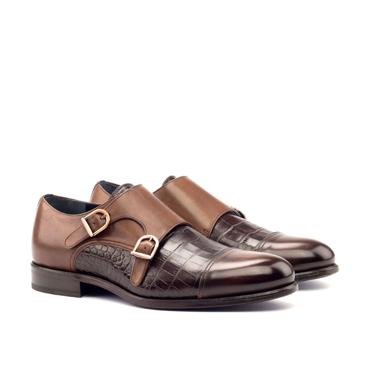 Ambrogio Men's Handmade Custom Made Shoes Two-Tone Brown Crocodile Print / Patina Leather Monk-Straps Loafers (AMB1143)