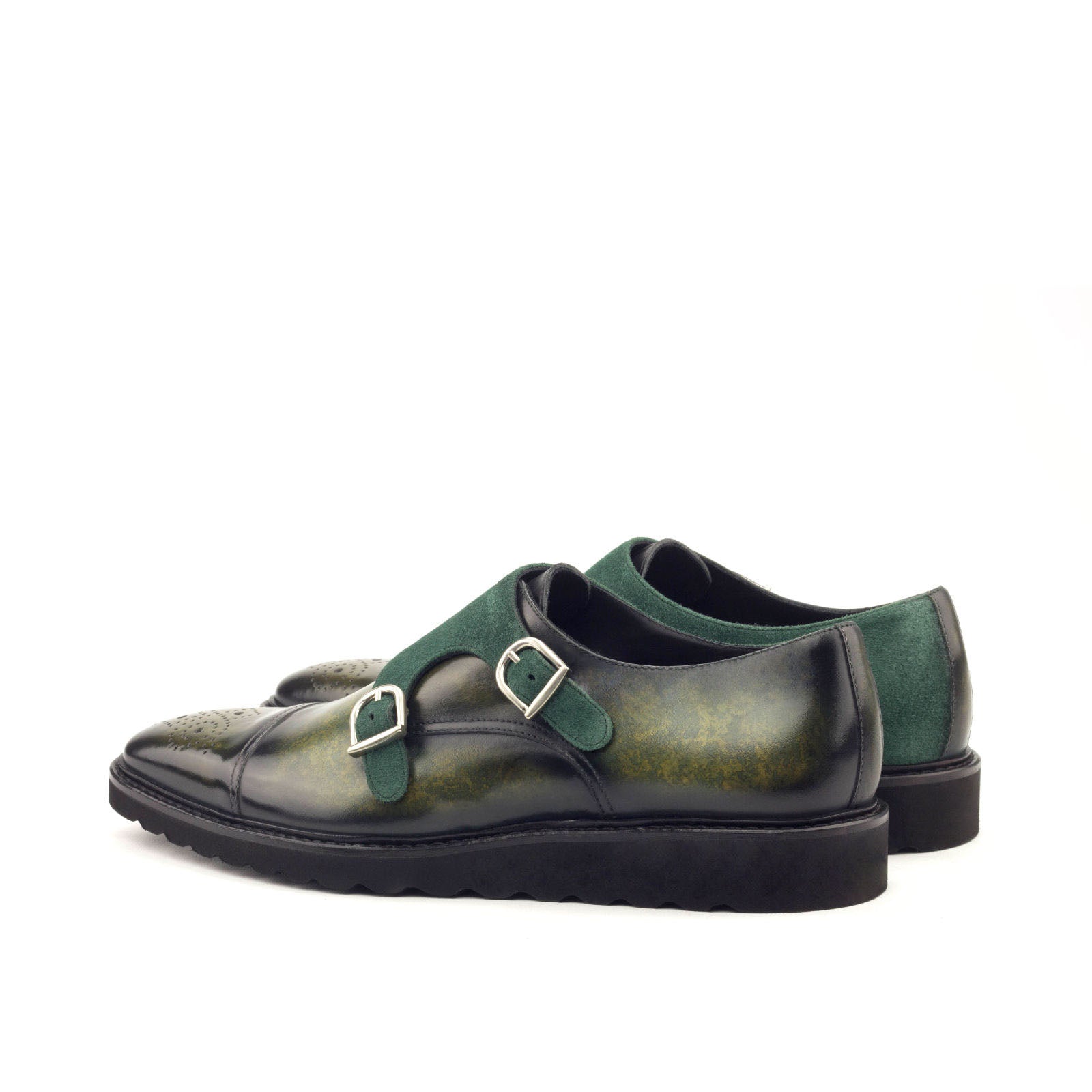 Ambrogio Men's Handmade Custom Made Shoes Two-Tone Green Suede & Patina Leather Monk-Straps Loafers (AMB1185)