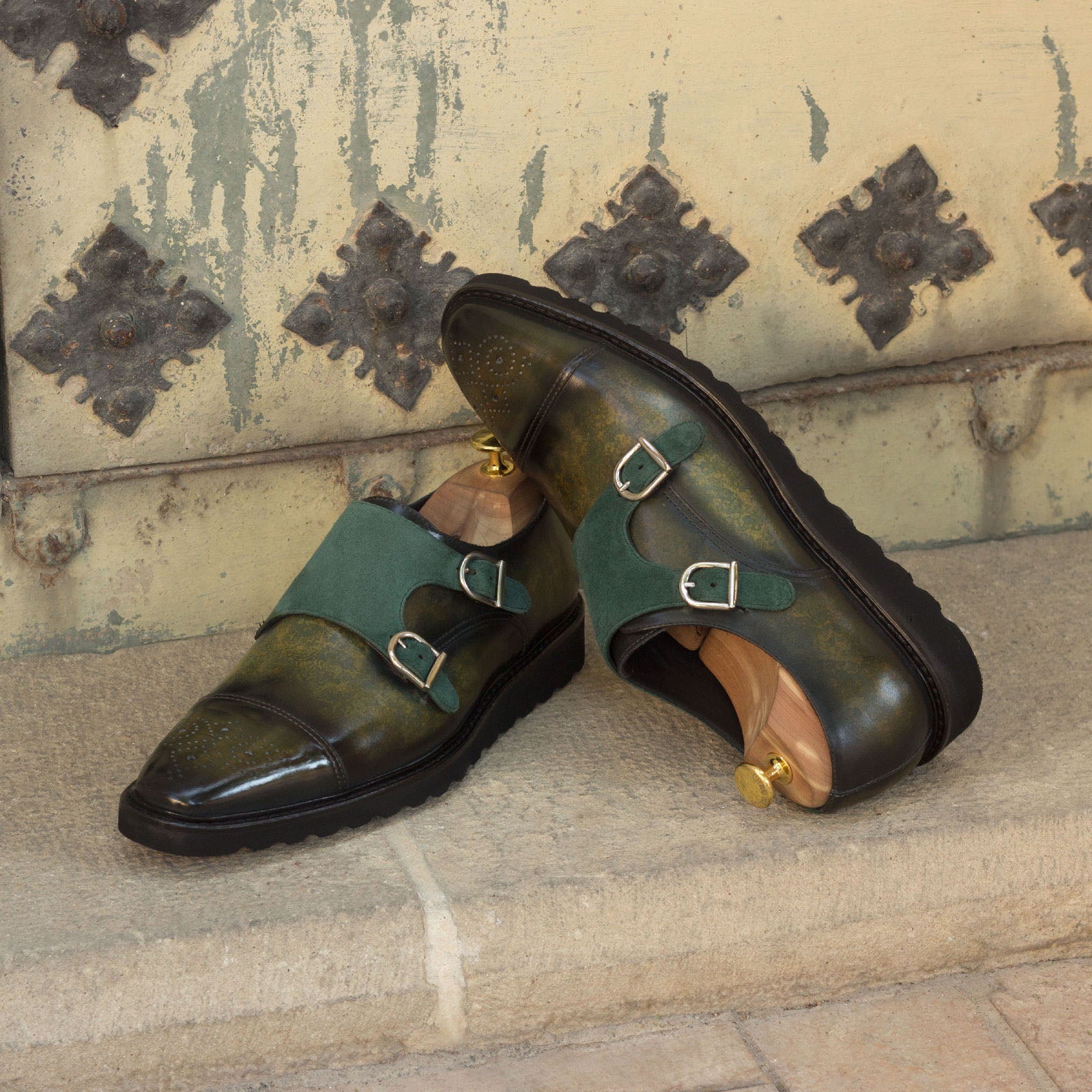 Ambrogio Men's Handmade Custom Made Shoes Two-Tone Green Suede & Patina Leather Monk-Straps Loafers (AMB1185)