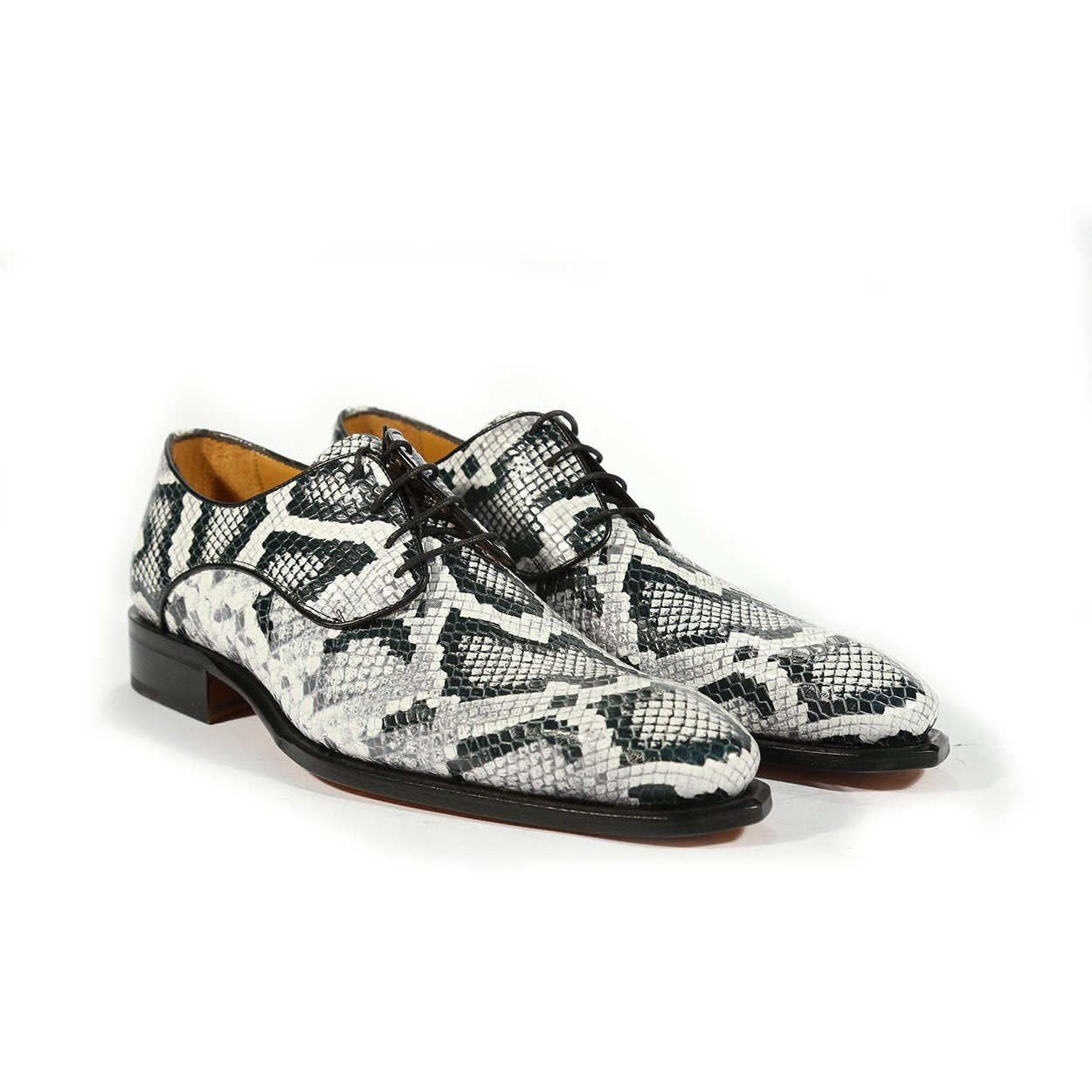 Ambrogio Men's Handmade Custom Made Shoes White & Green Python Print / Calf-Skin Leather Derby Oxfords (AMBS1000)