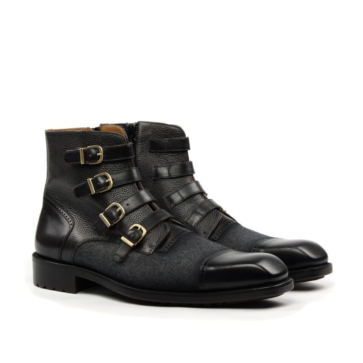 Ambrogio Men's Shoes Black & Gray Fabric / Pebble Grain / Calf-Skin Leather Ankle Boots (AMB2015-RTW)