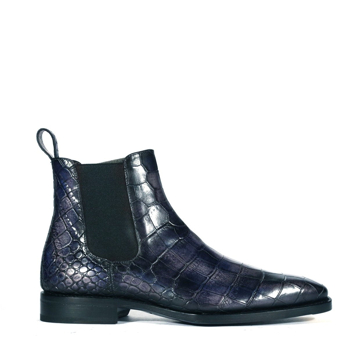 Ambrogio Men's Shoes Blue Crocodile Print / Dakar Patina Leather Chelsea Boots (AMBS1638)