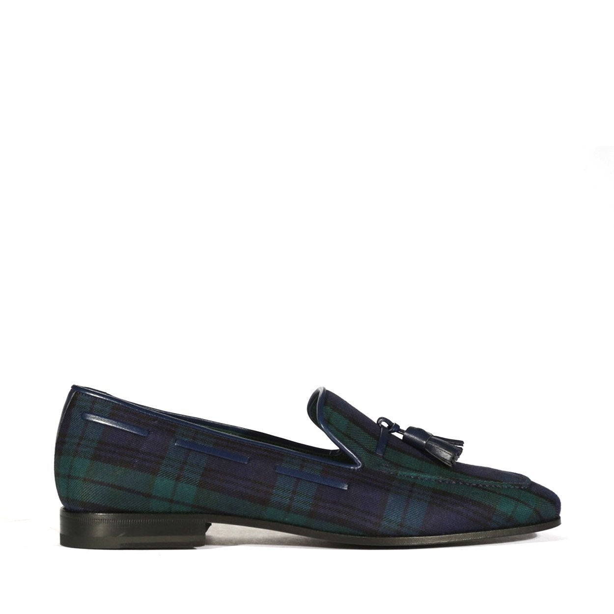 Ambrogio Men's Shoes Blue & Green Blackwatch Sartorial Fabric Drake Tassels Loafers (AMBS1727)