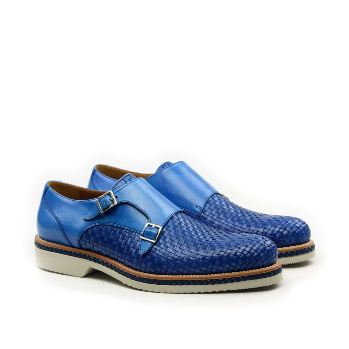 Ambrogio Men's Shoes Blue Woven / Calf-Skin Leather Monkstraps Loafers (AMB2013-RTW)