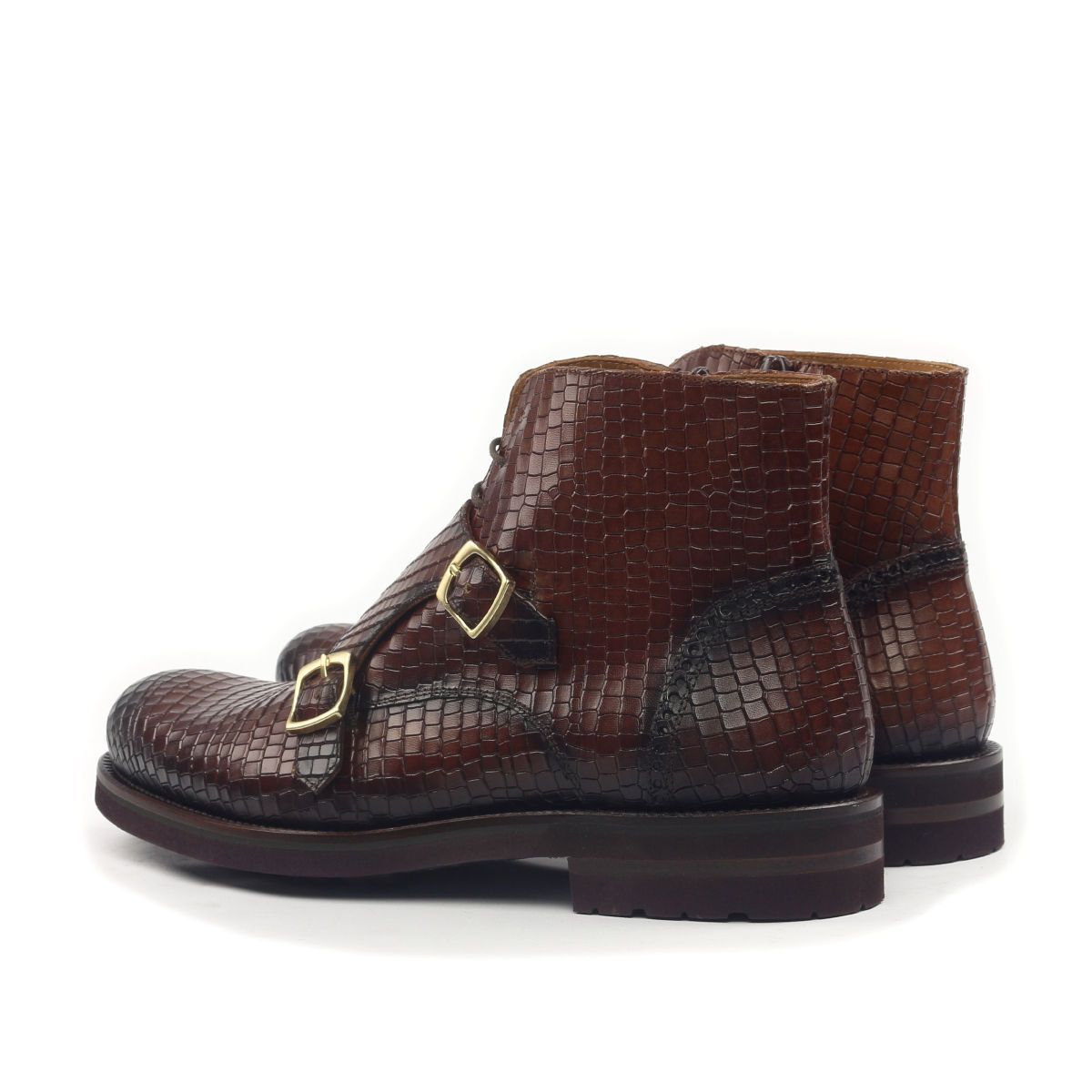 Ambrogio Men's Shoes Brown Crocodile Print / Calf-Skin Leather Monk-Straps Chukka Boots (AMBS2014-RTW)