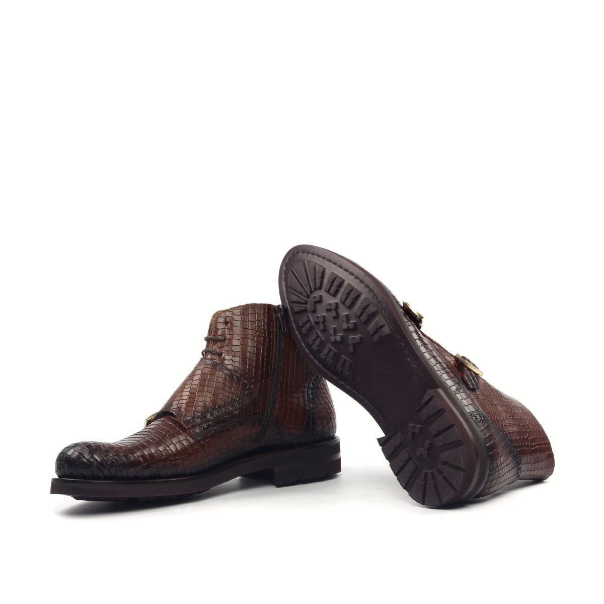 Ambrogio Men's Shoes Brown Crocodile Print / Calf-Skin Leather Monk-Straps Chukka Boots (AMBS2014-RTW)