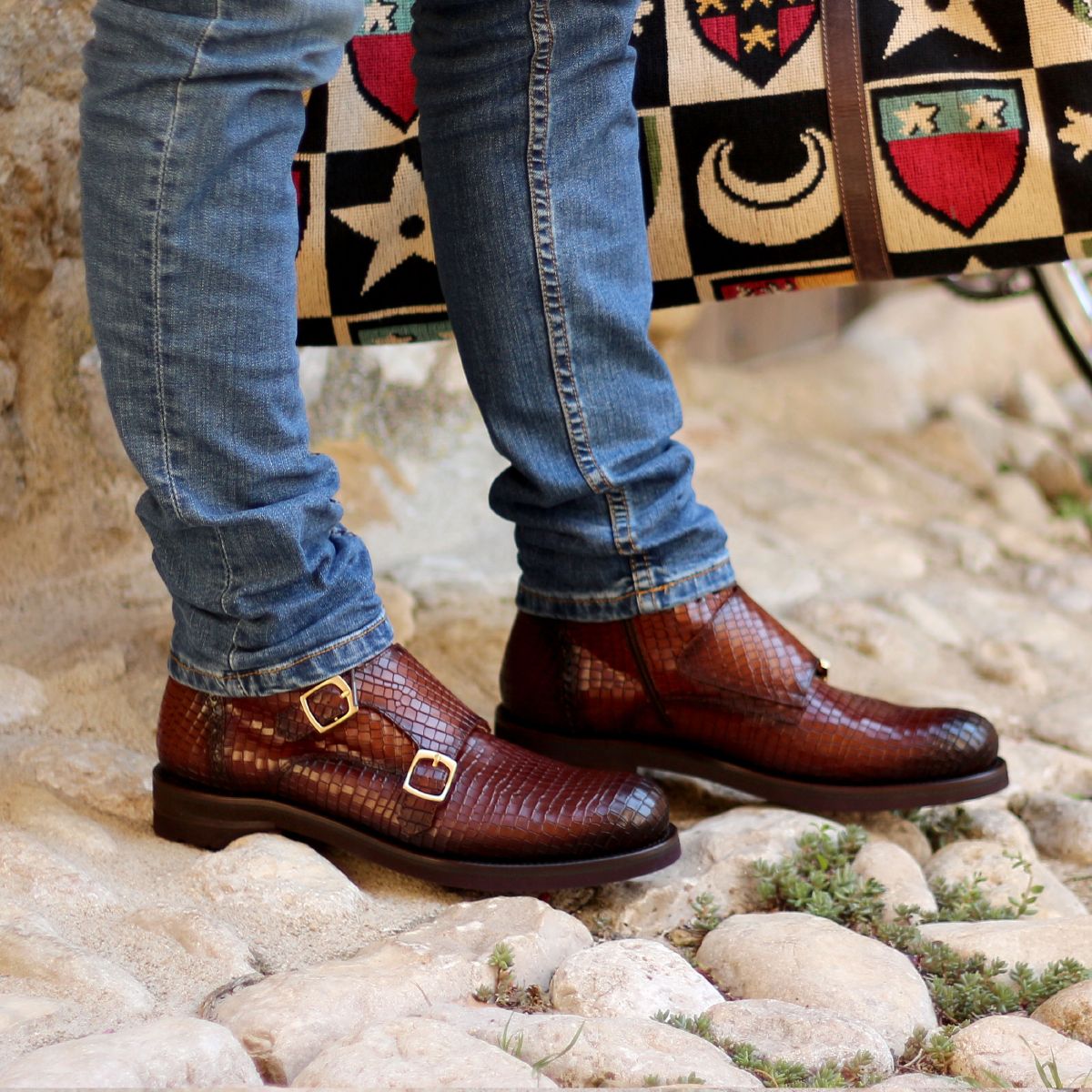 Ambrogio Men's Shoes Brown Crocodile Print / Calf-Skin Leather Monk-Straps Chukka Boots (AMBS2014-RTW)