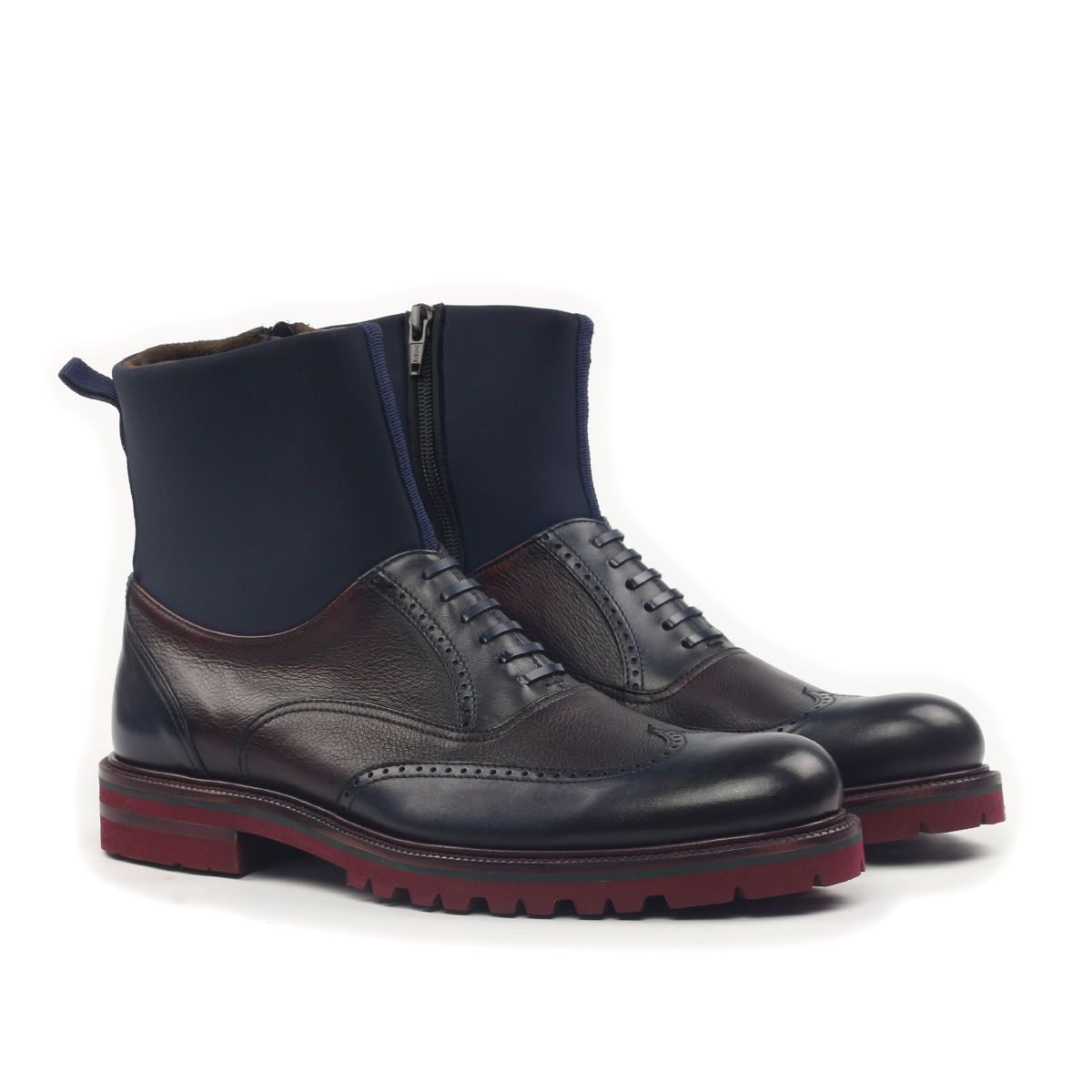 Ambrogio Men's Shoes Cherry & Navy Neoprene Rubber / Texture Print / Calf-Skin Leather Wingtip Boots (AMB2046-RTW)