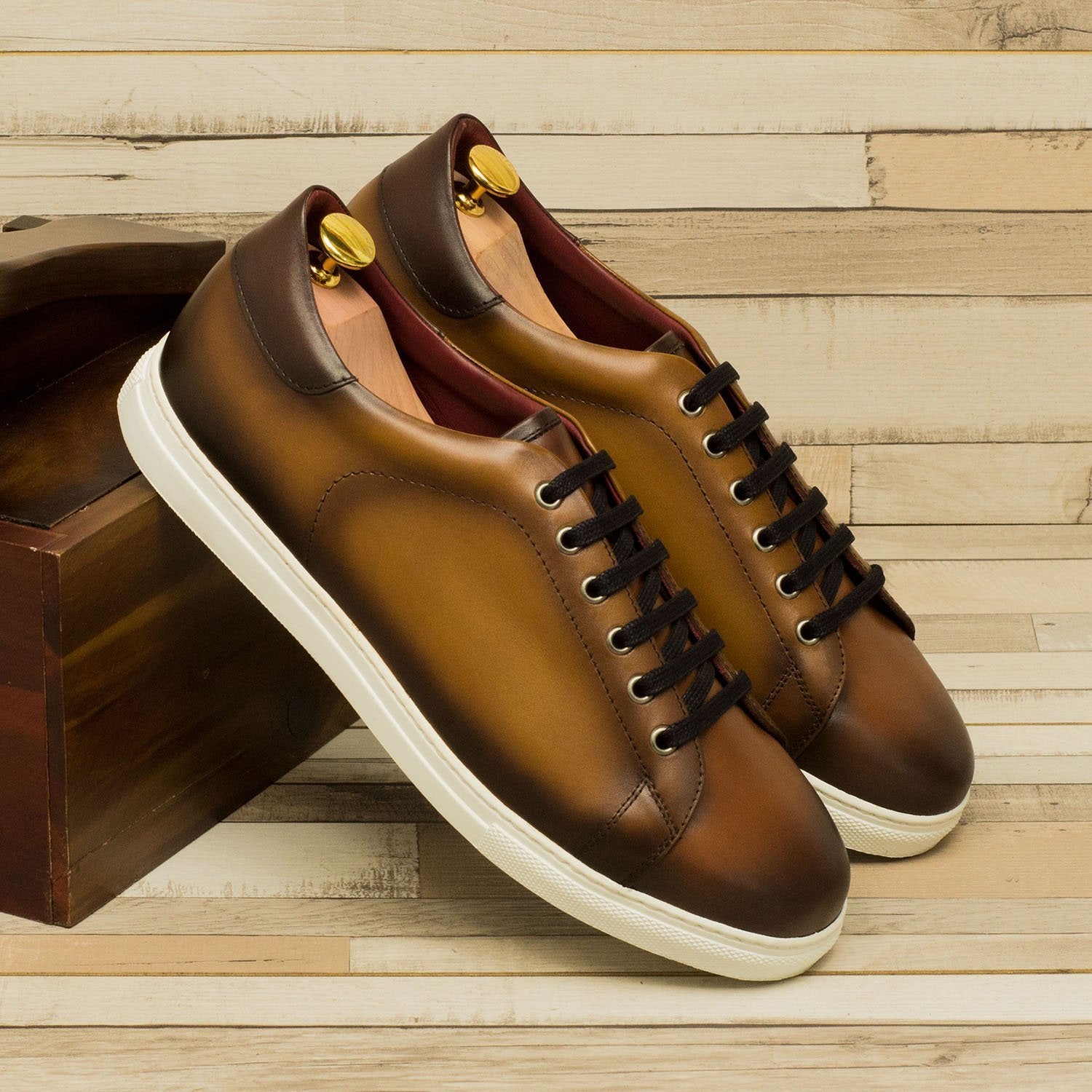 Ambrogio Men's Shoes Cognac & Two Tone Brown Calf-Skin Leather Trainer Sneakers (AMB2092)